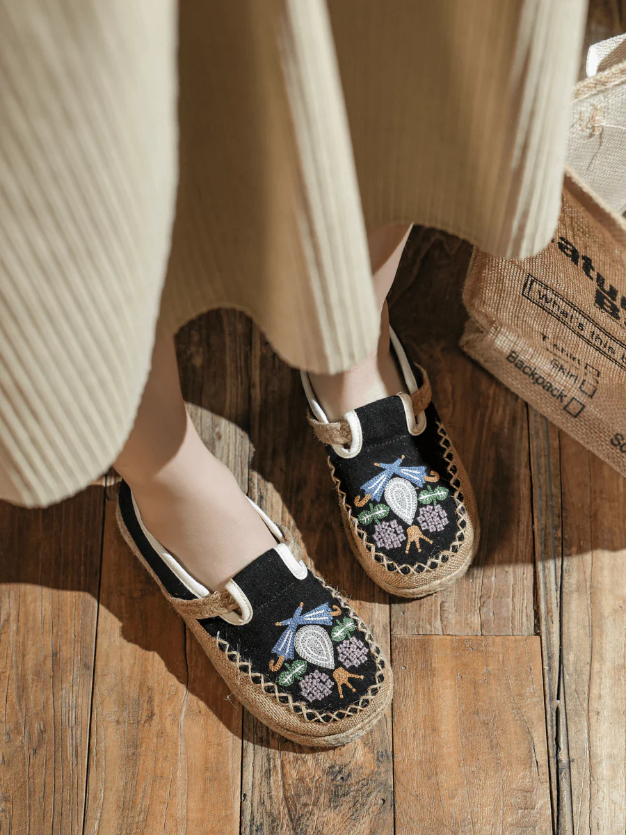 CACTUS ROSE | PATTERN EMBROIDERED LINEN ESPADRILLE LOAFER - BLACK - Image 5