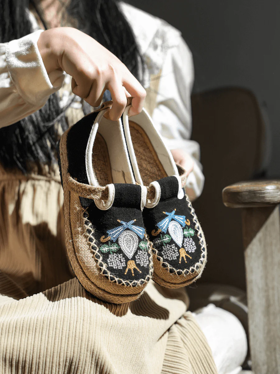 CACTUS ROSE | PATTERN EMBROIDERED LINEN ESPADRILLE LOAFER - BLACK - Image 8