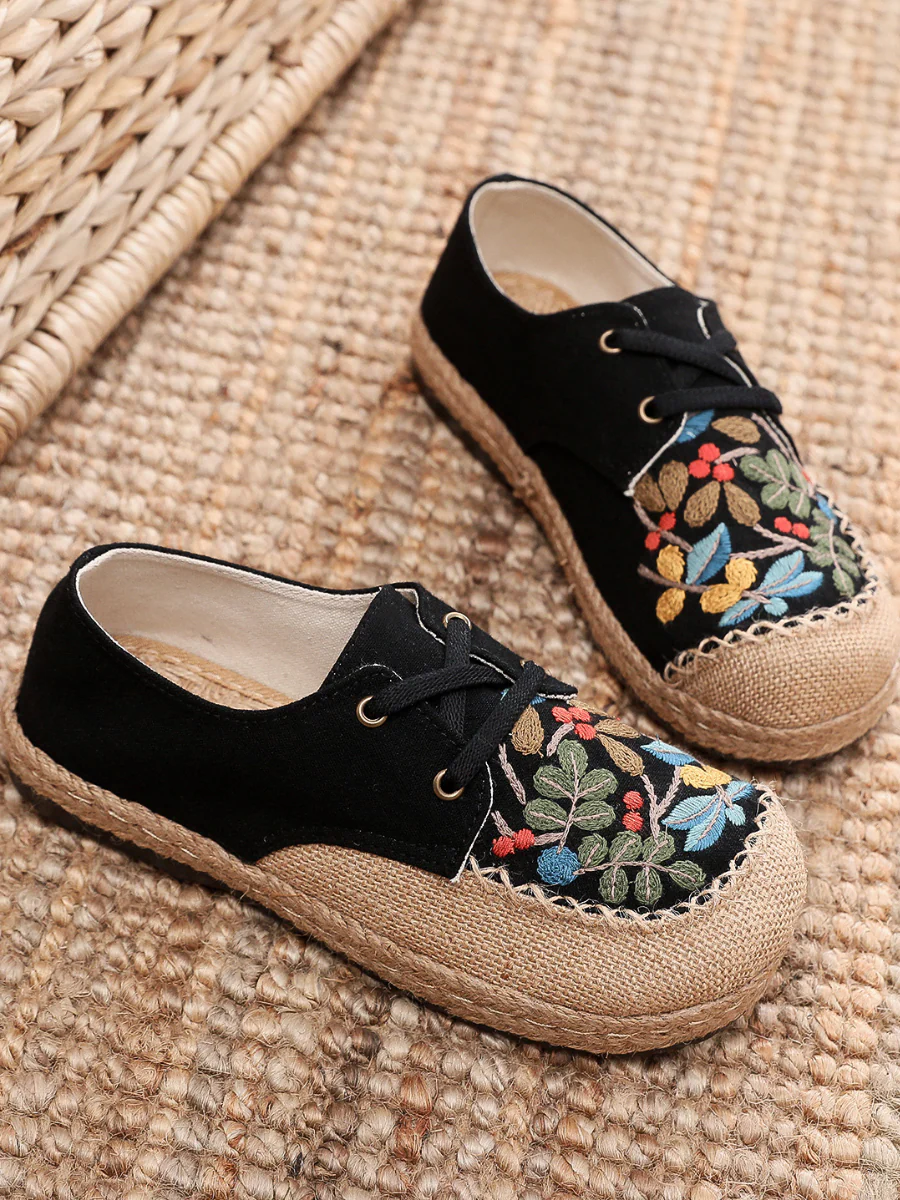 Cactus Rose | Playground Embroidered Linen Boat Shoes - Black - Image 3