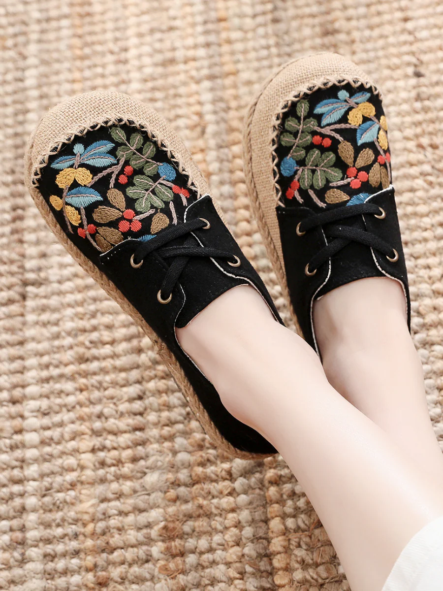 Cactus Rose | Playground Embroidered Linen Boat Shoes - Black - Image 5