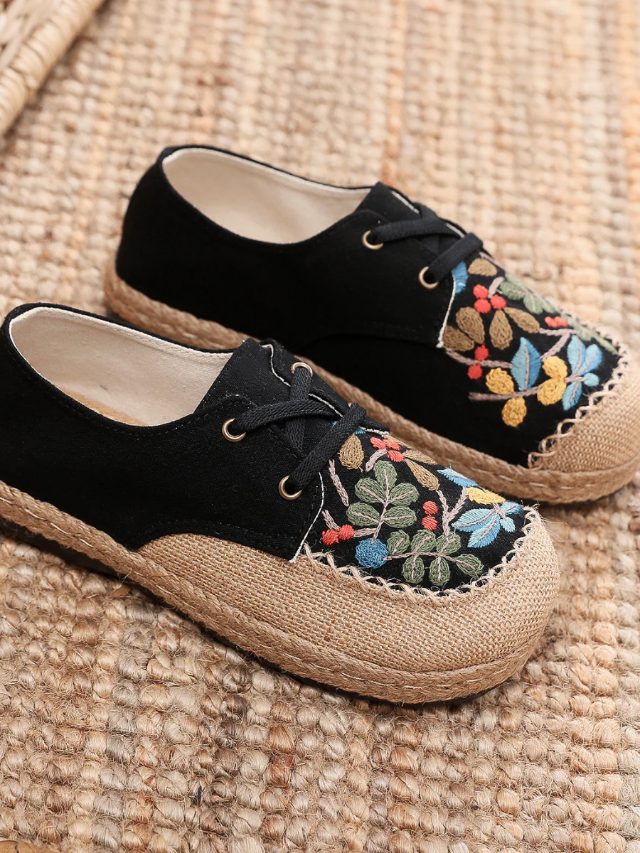 Cactus Rose | Playground Embroidered Linen Boat Shoes - Black - Image 7