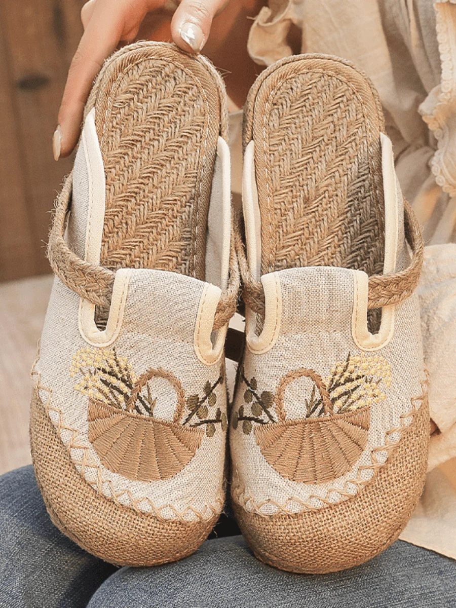 CACTUS ROSE | SUMMER PICNIC EMBROIDERED LINEN MULE - BEIGE - Image 2