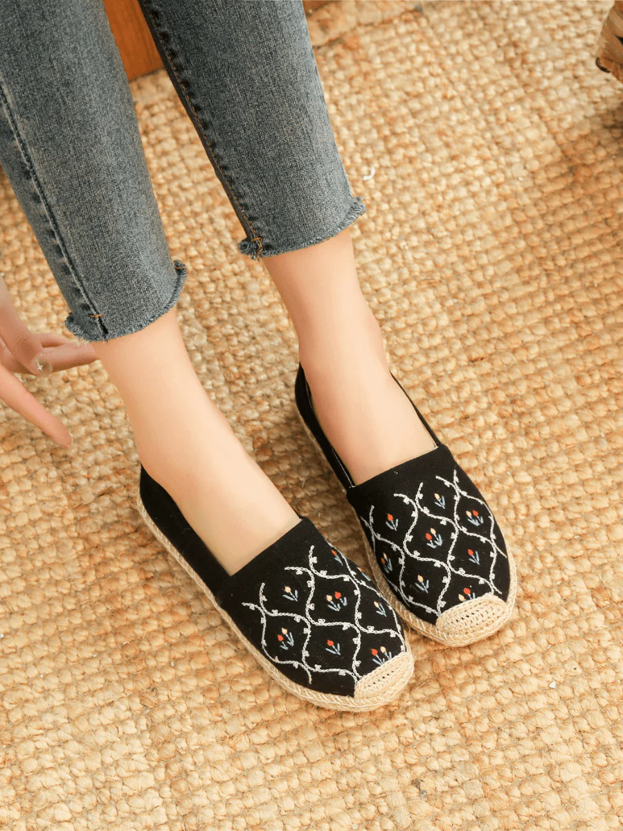 CACTUS ROSE | TWIN FLOWER EMBROIDERED LINEN ESPADRILLES - BLACK - Image 5