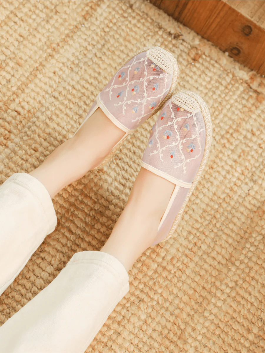 CACTUS ROSE | TWIN FLOWER EMBROIDERED LINEN ESPADRILLES - WHITE - Image 2