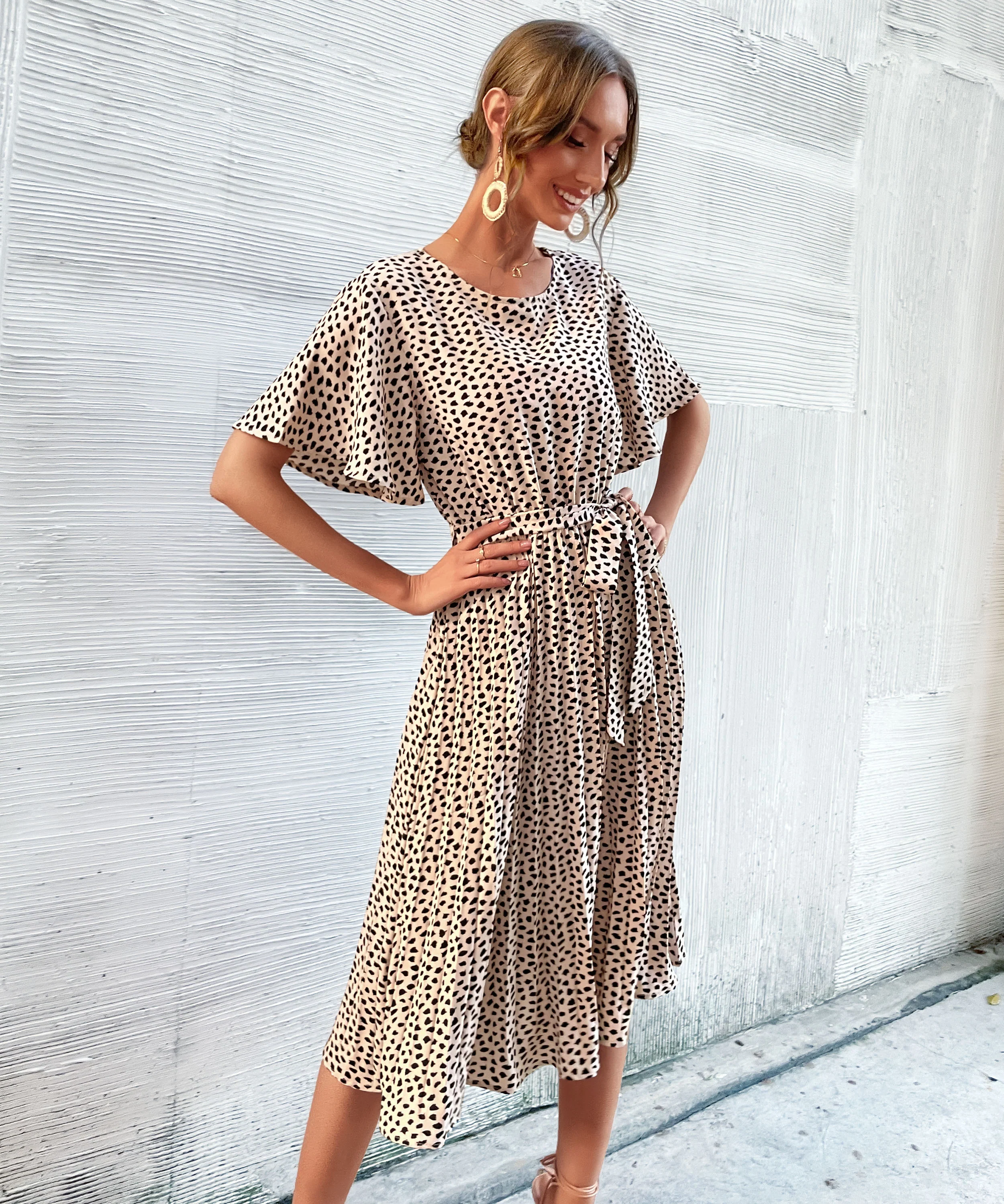 CALVINAH SPOT MIDI DRESS - BEIGE - Image 6