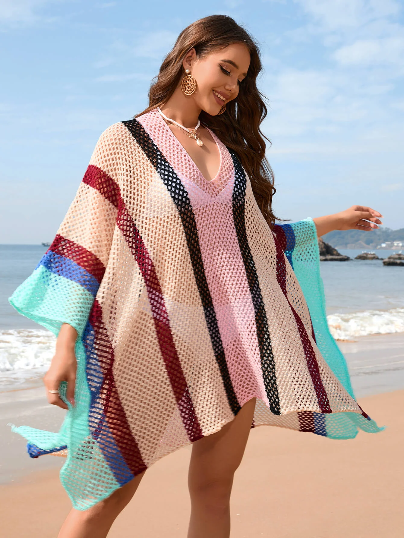 Calypso Stripe Knit Crochet Kimono - Pink - Image 2