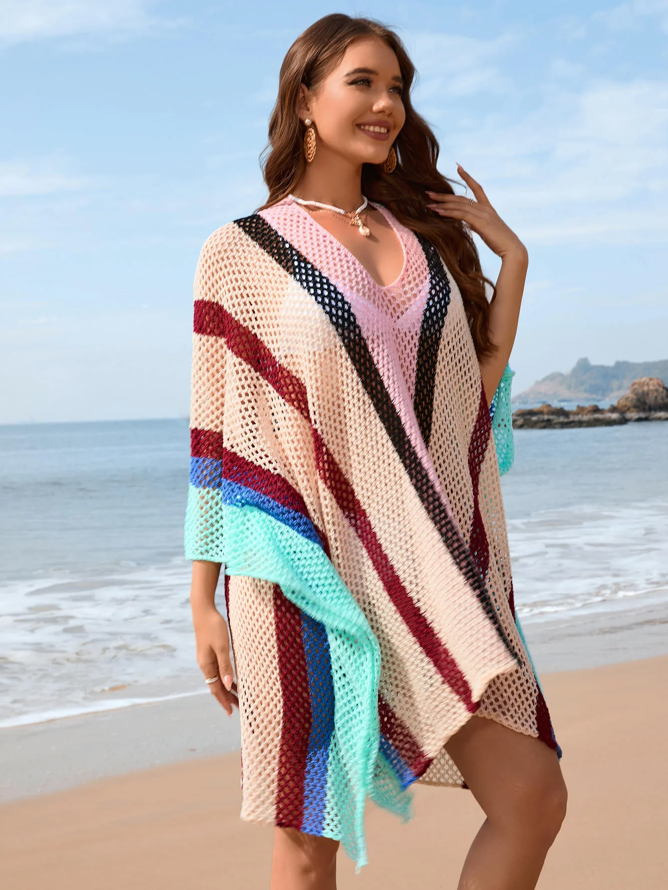 Calypso Stripe Knit Crochet Kimono - Pink - Image 5