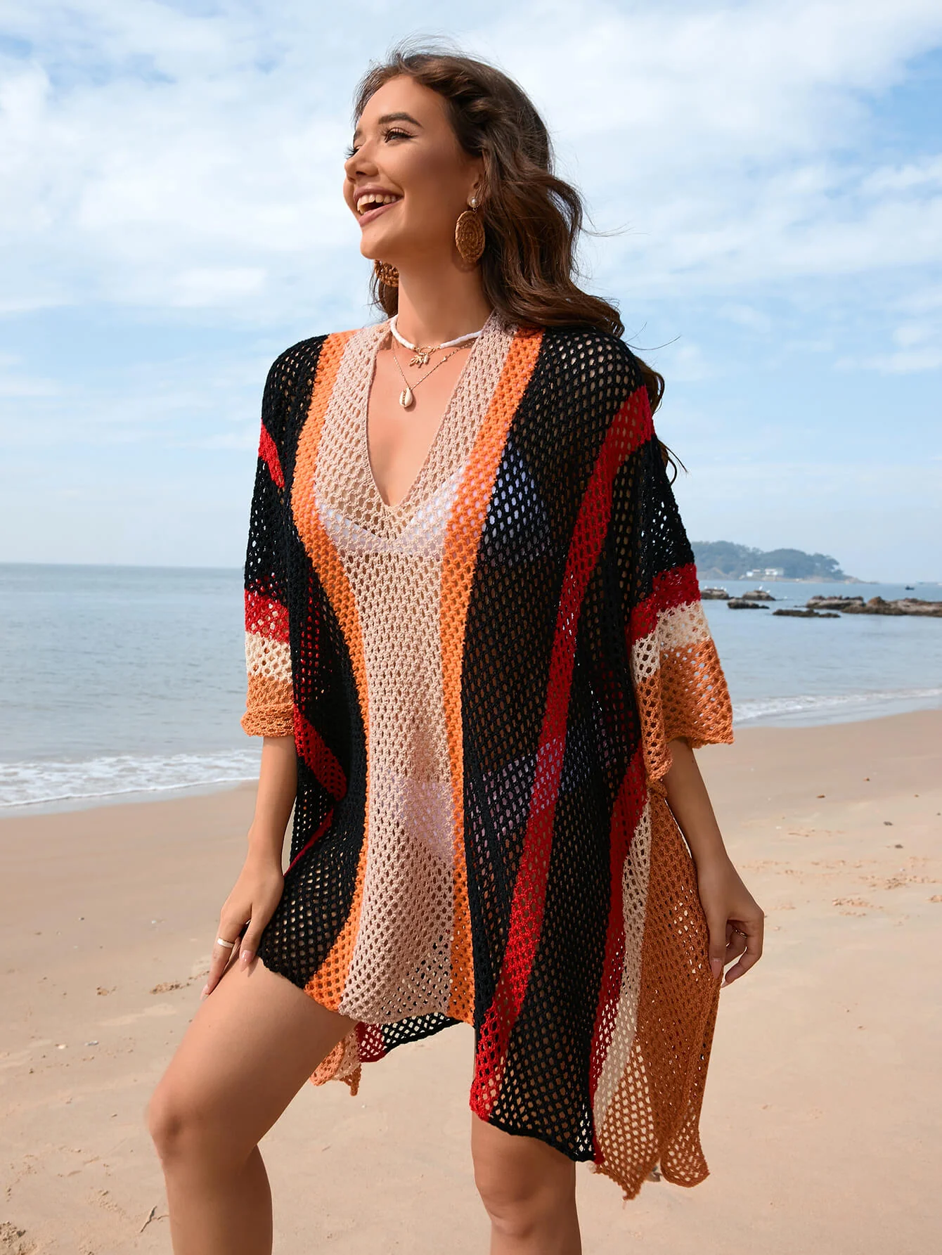 Calypso Stripe Knit Crochet Kimono - Black - Image 2