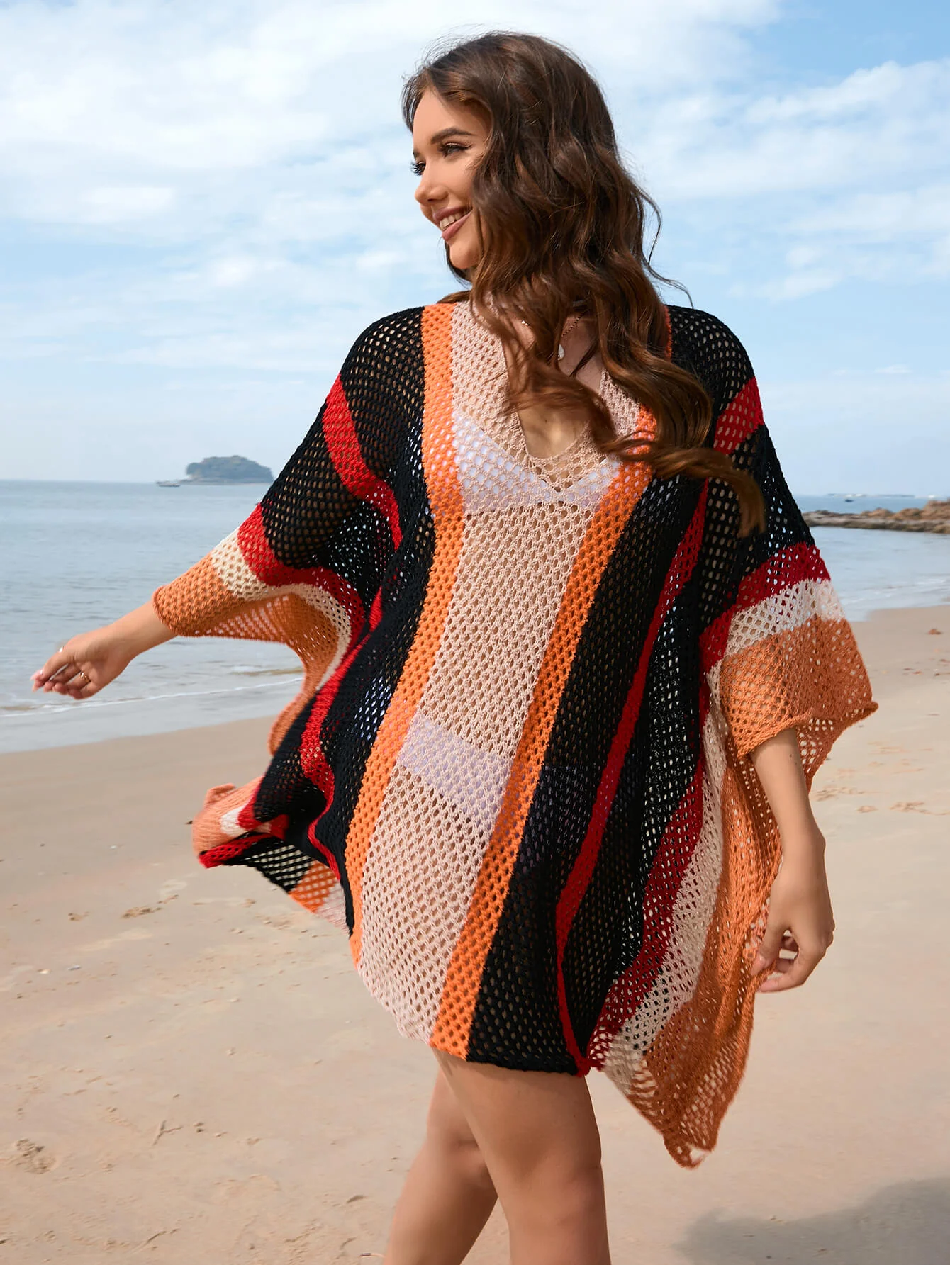 Calypso Stripe Knit Crochet Kimono - Black - Image 3