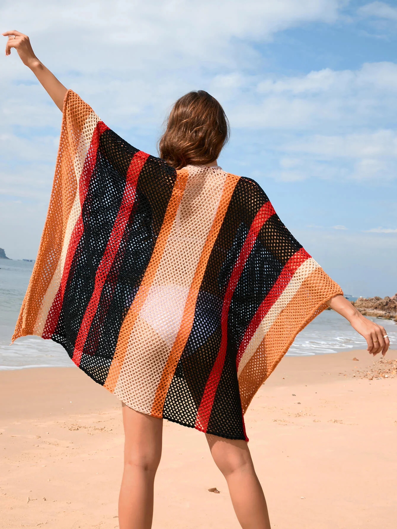 Calypso Stripe Knit Crochet Kimono - Black - Image 4