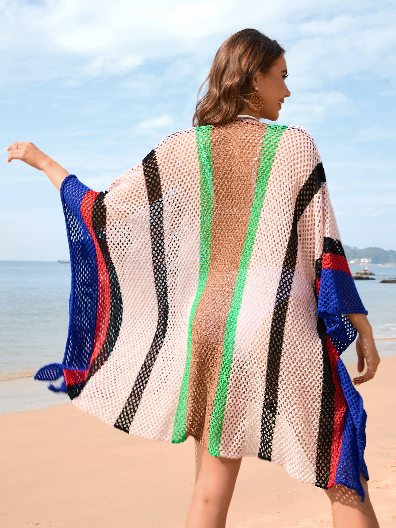 Calypso Stripe Knit Crochet Kimono - Blue - Image 3