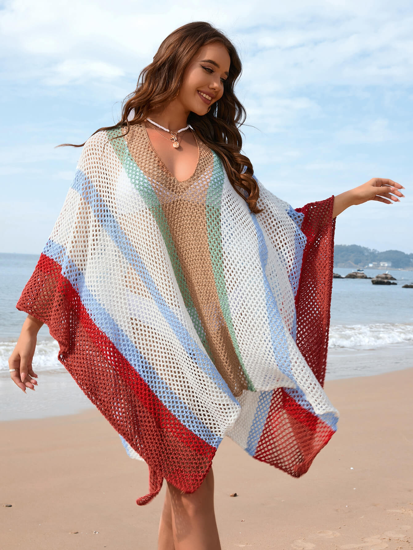 Calypso Stripe Knit Crochet Kimono - Red - Image 2