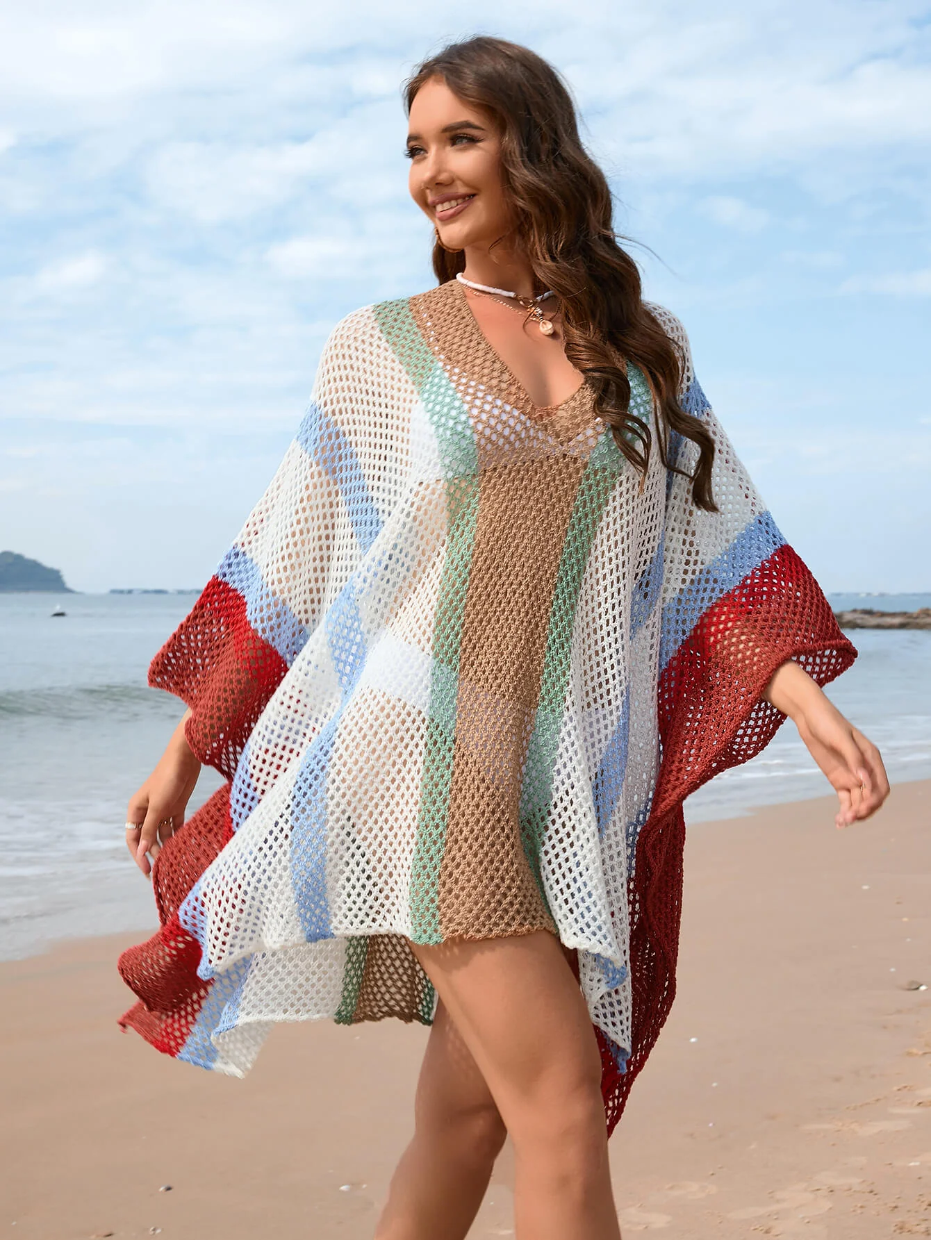 Calypso Stripe Knit Crochet Kimono - Red - Image 3