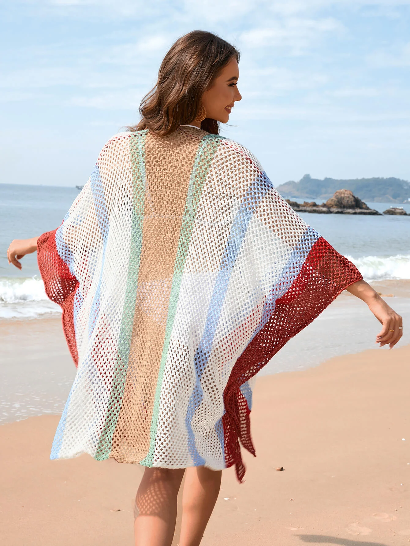 Calypso Stripe Knit Crochet Kimono - Red - Image 4