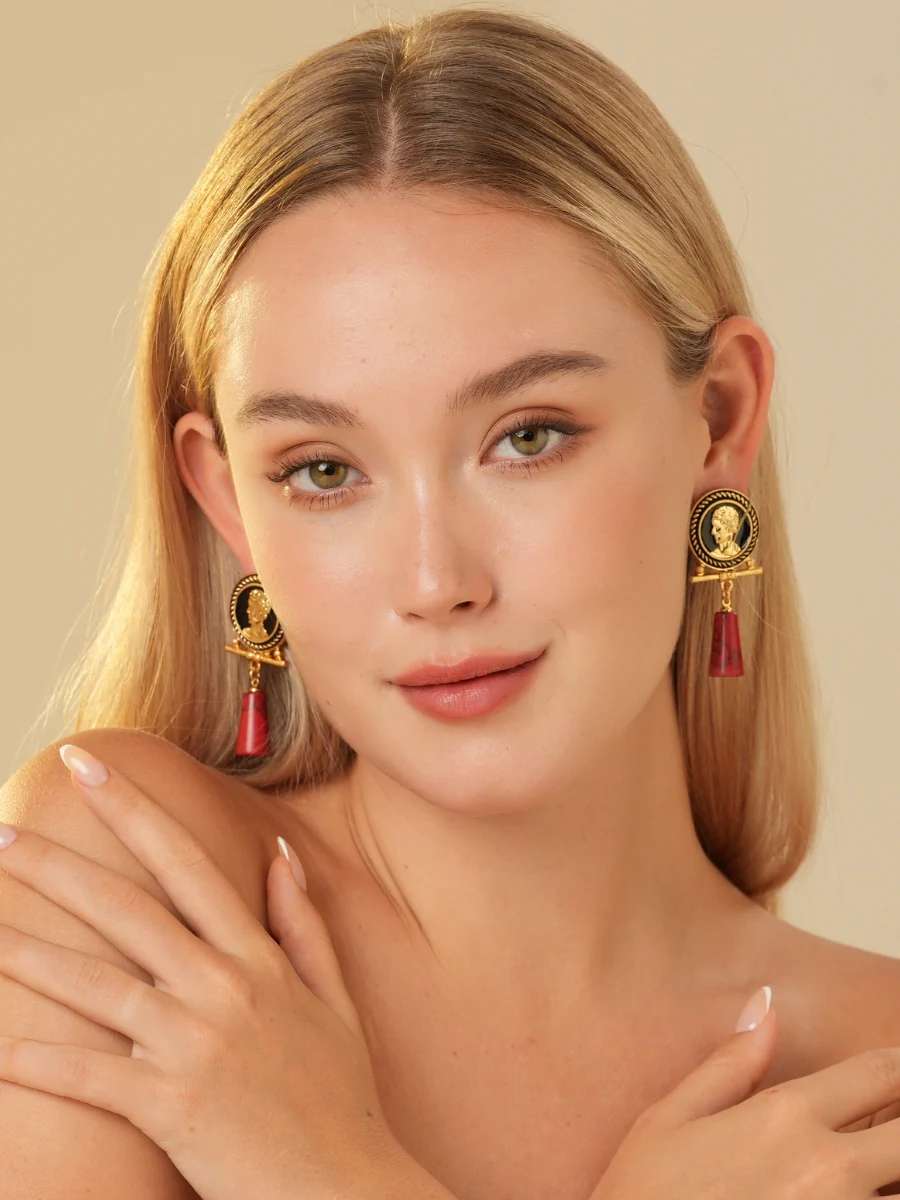 Cameo Avatar Relief Gold Plated Drop Earrings - Image 2