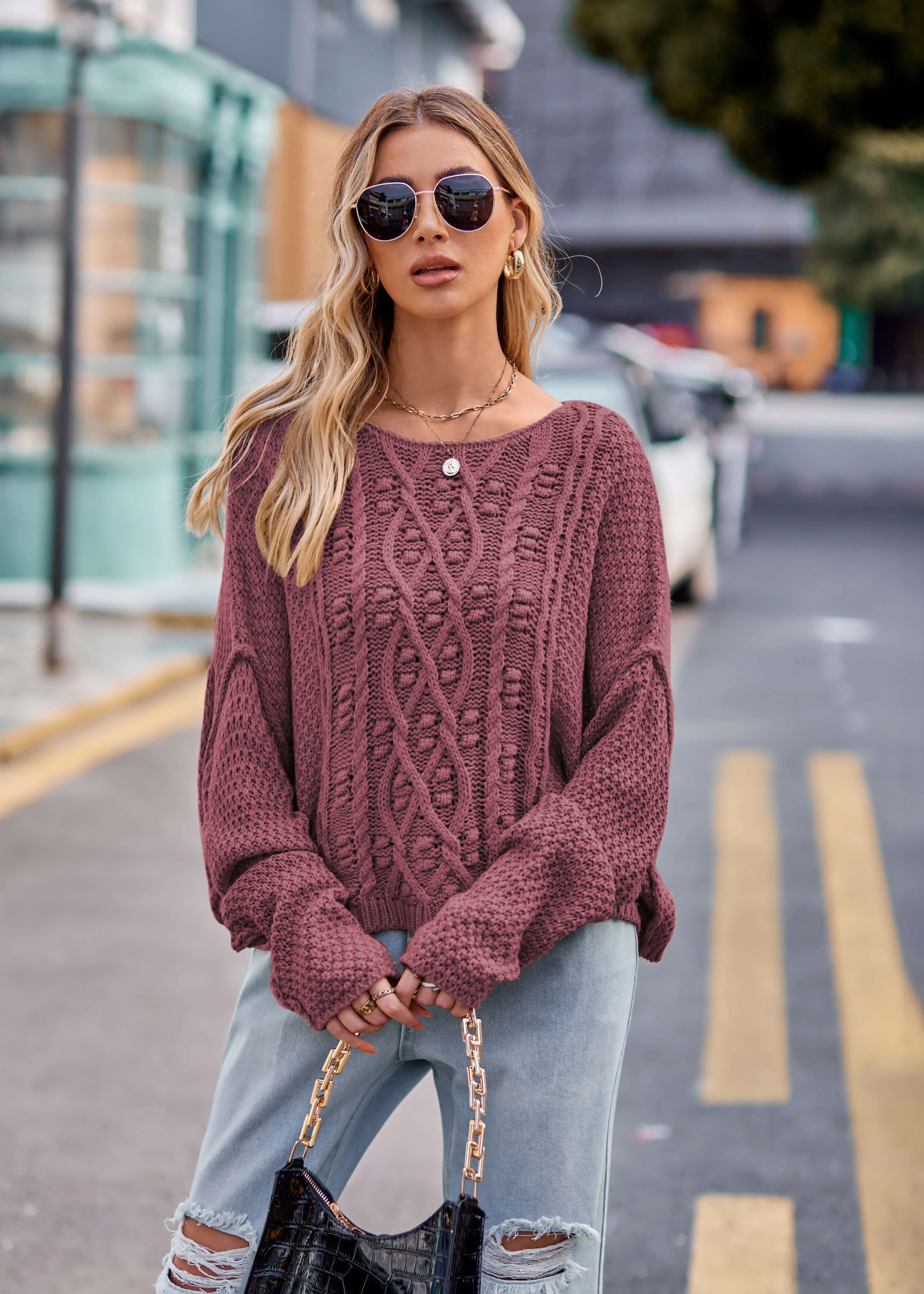 Carlton Cable Knit Sweater - Mulberry - Image 2