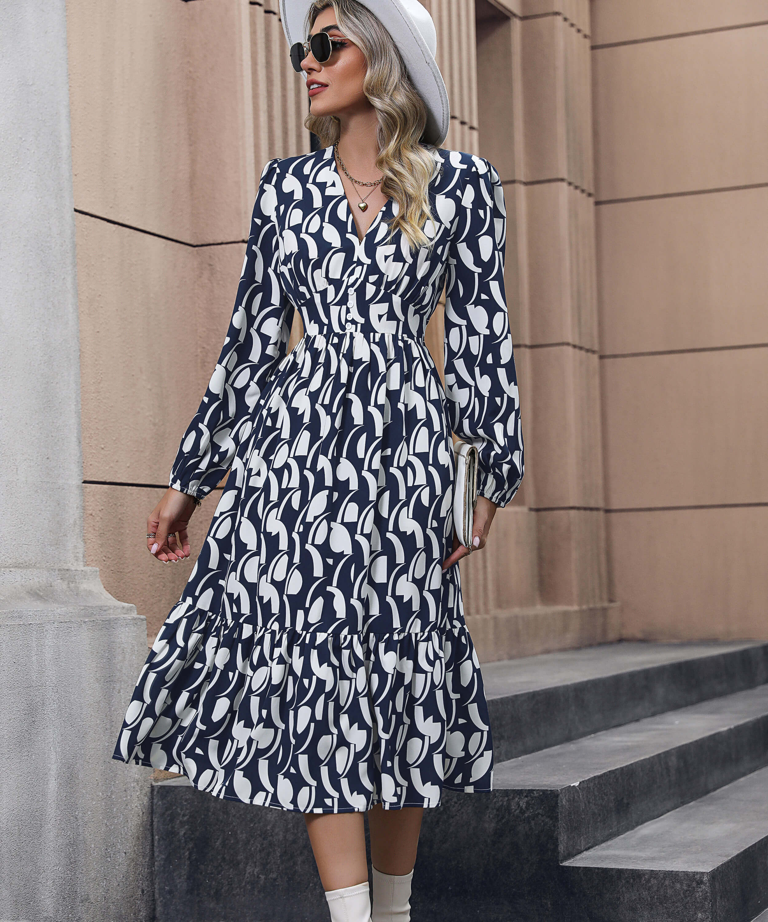 Casley Elegance Geometry Print Maxi Dress - Navy - Image 4