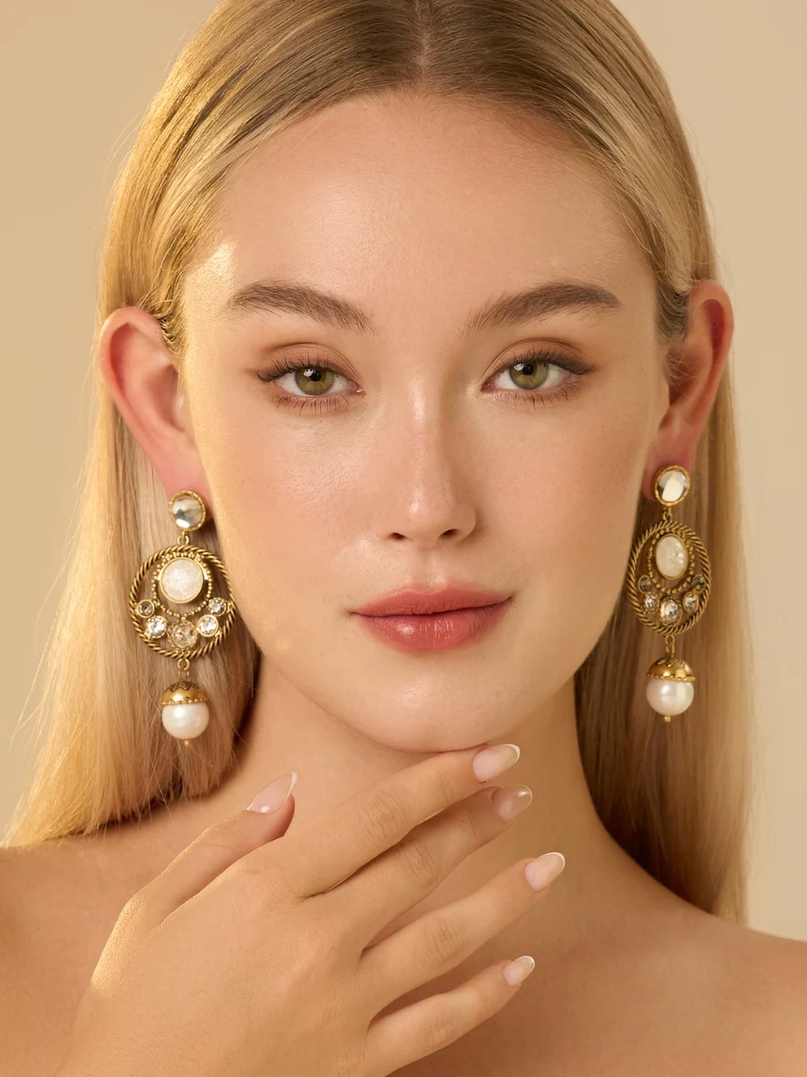 Cat's Eye Stone Gold Plated Jacket Earrings - Image 2