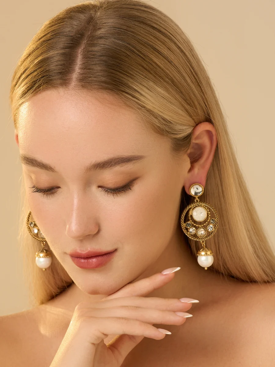 Cat's Eye Stone Gold Plated Jacket Earrings - Image 3