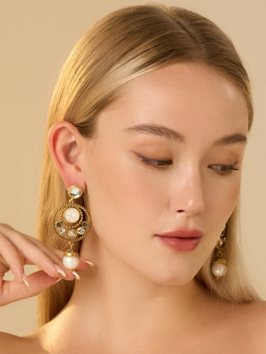Cat's Eye Stone Gold Plated Jacket Earrings - Image 4