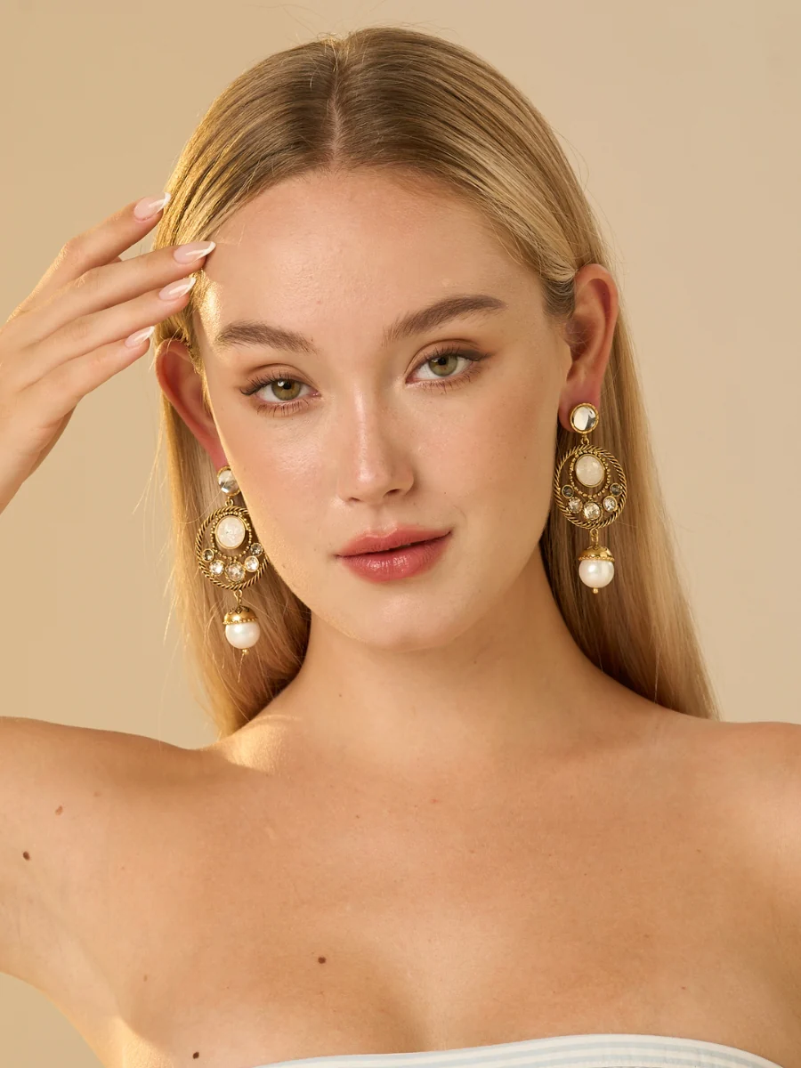 Cat's Eye Stone Gold Plated Jacket Earrings - Image 5