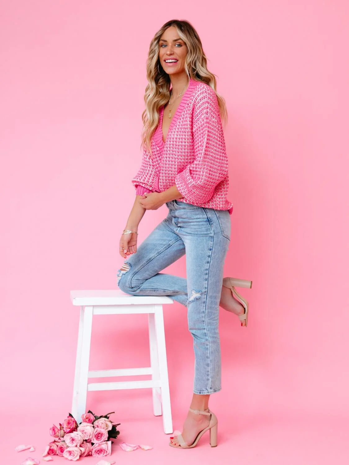 Caydence Oversized Fuzzy Knit Cardigan - Pink - Image 2