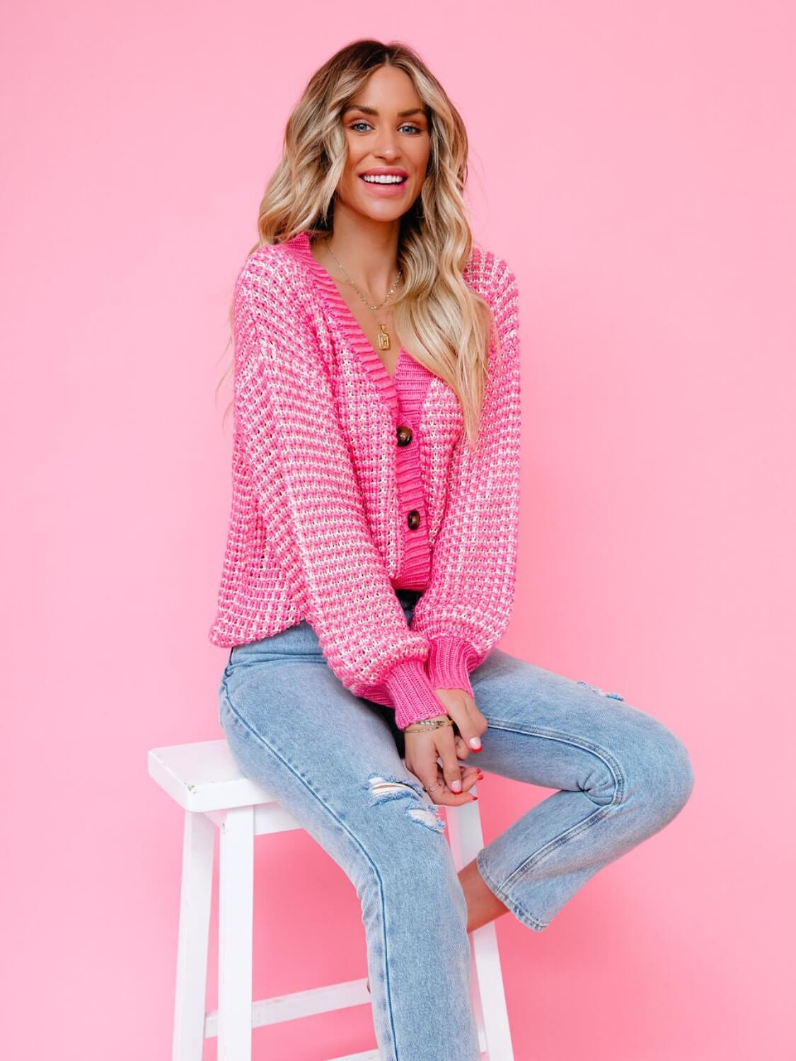 Caydence Oversized Fuzzy Knit Cardigan - Pink - Image 3