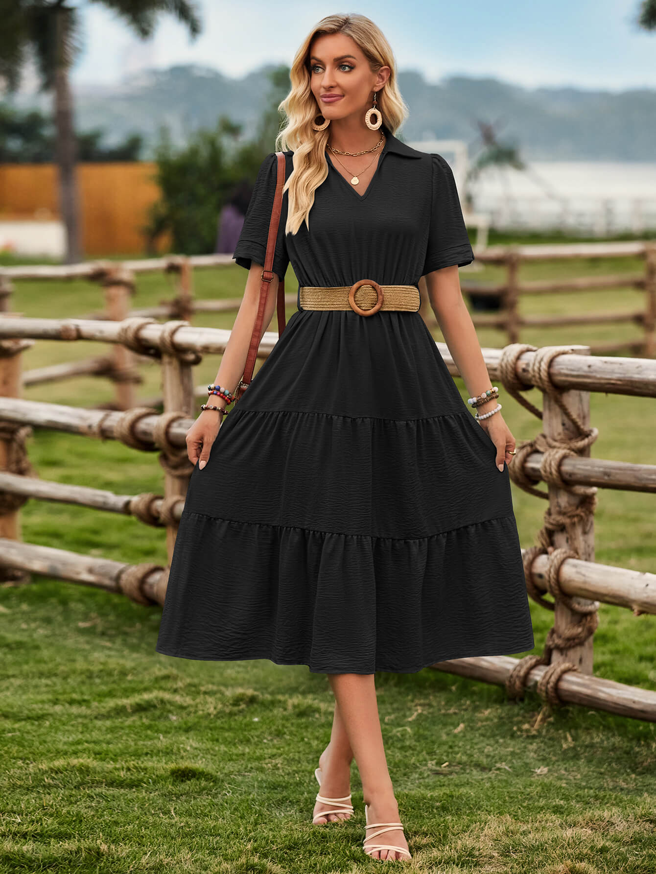 Celie Poplin Collared Tie Waist Midi Dress - Black - Image 2