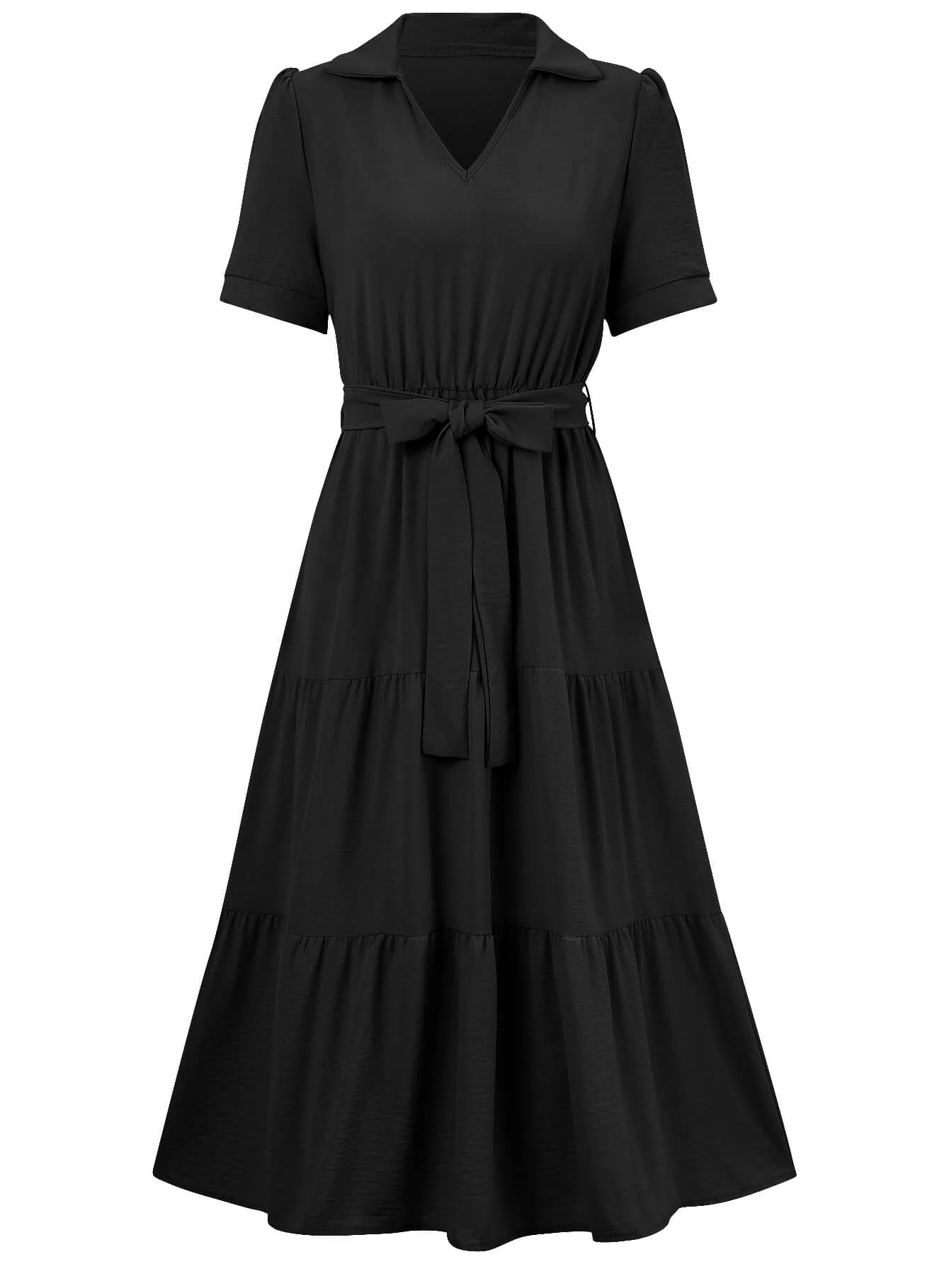 Celie Poplin Collared Tie Waist Midi Dress - Black - Image 5