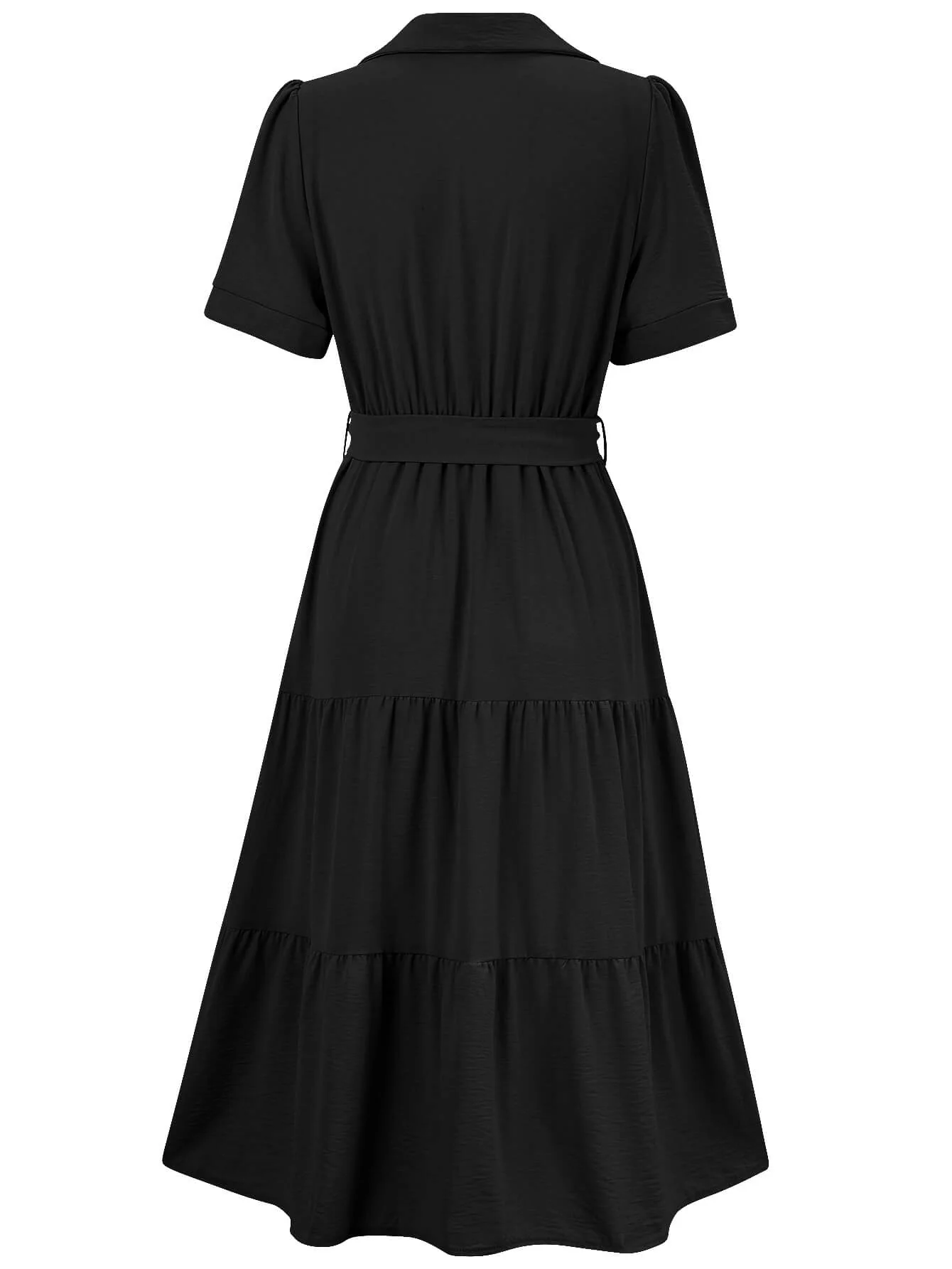 Celie Poplin Collared Tie Waist Midi Dress - Black - Image 6