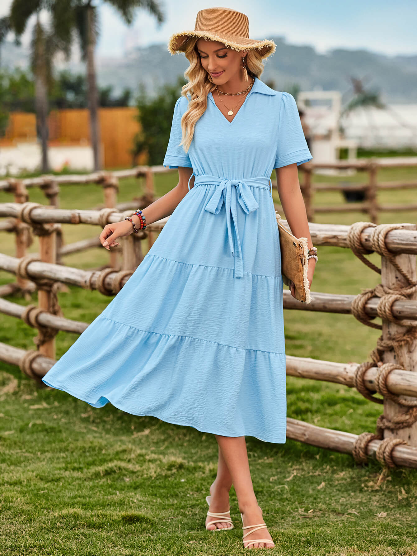 Celie Poplin Collared Tie Waist Midi Dress - Blue - Image 3
