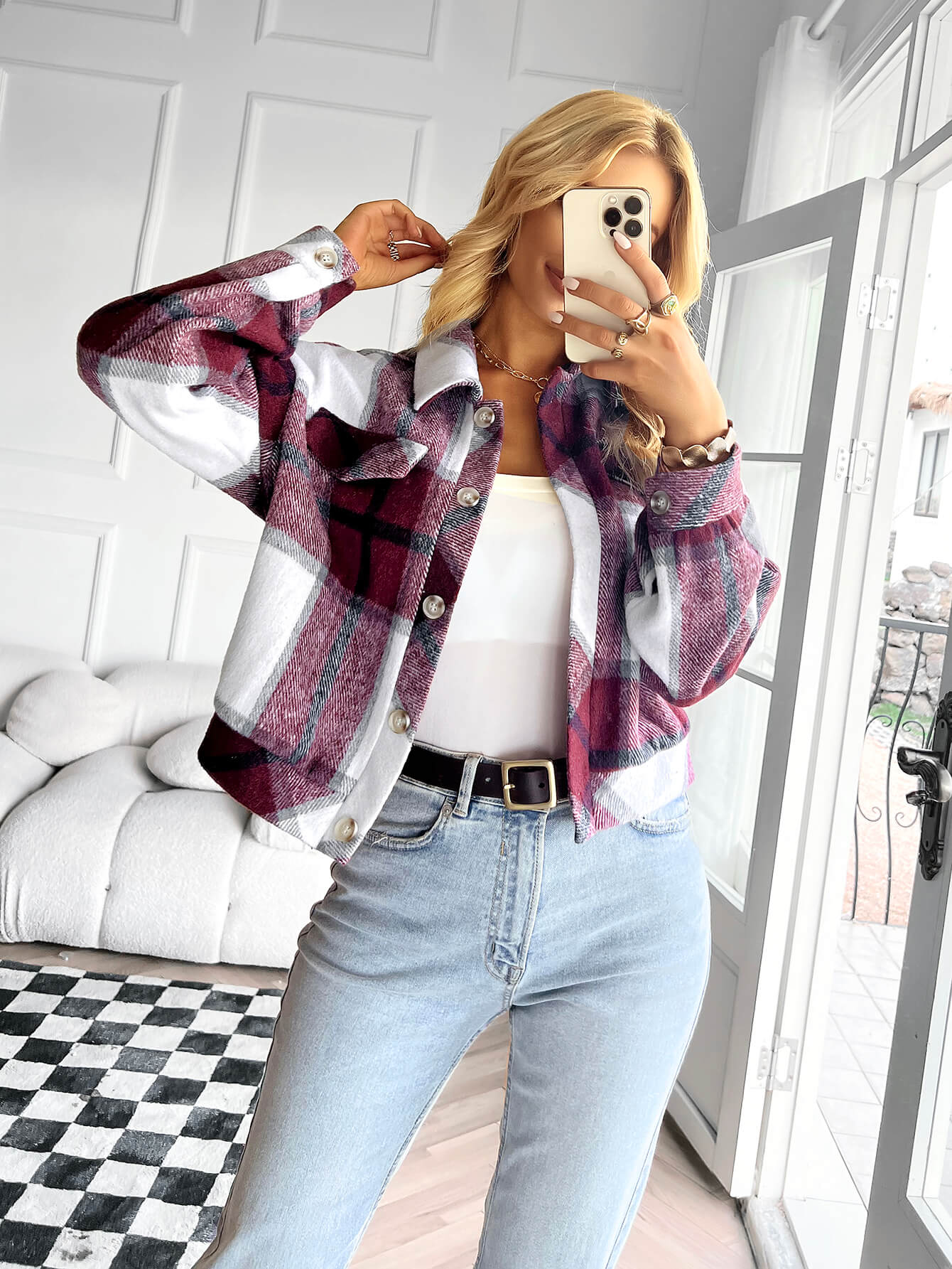 CHANCELLOR PLAID CROP SHACKET - BURGUNDY - Image 5