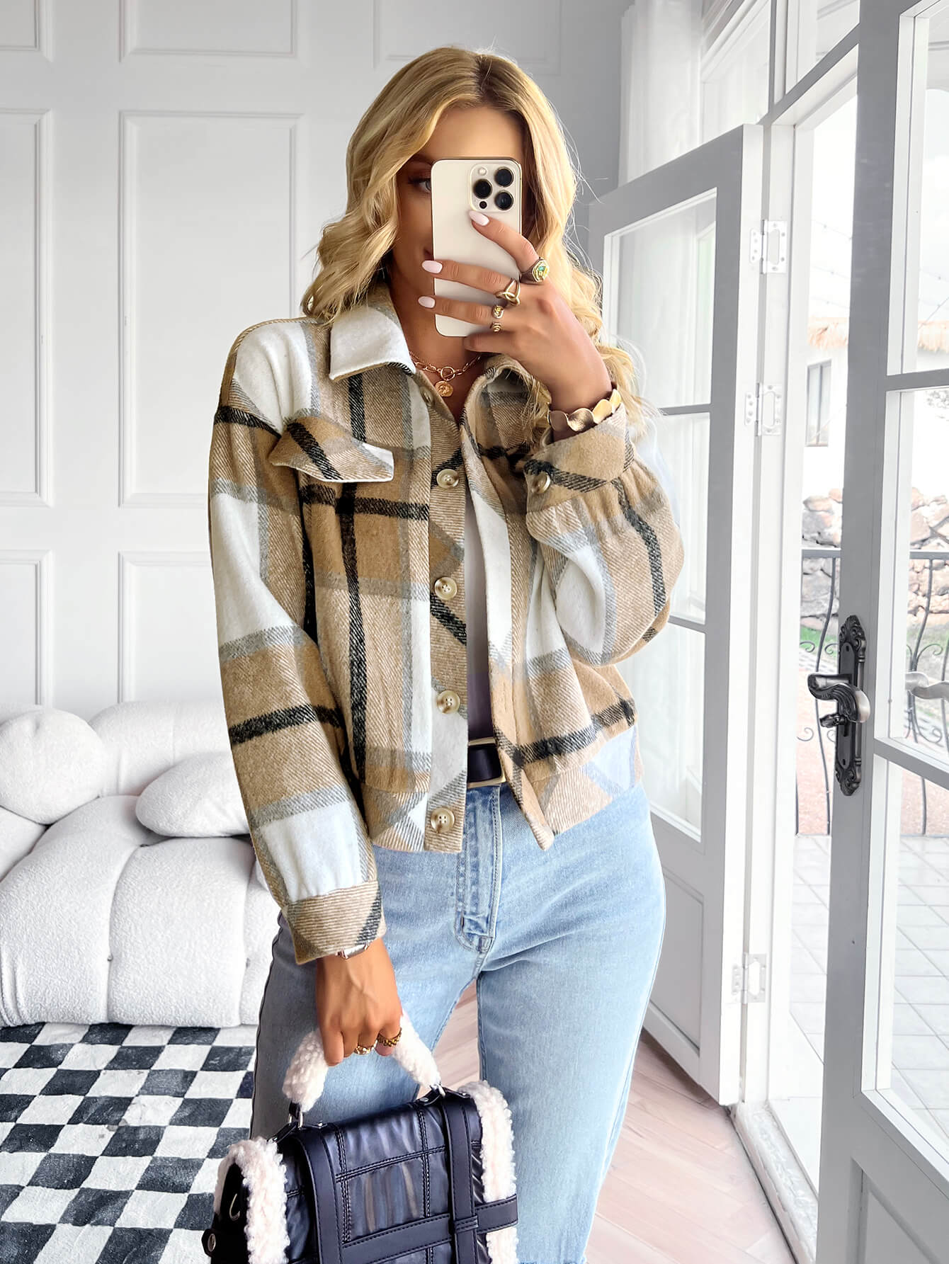 CHANCELLOR PLAID CROP SHACKET - KHAKI