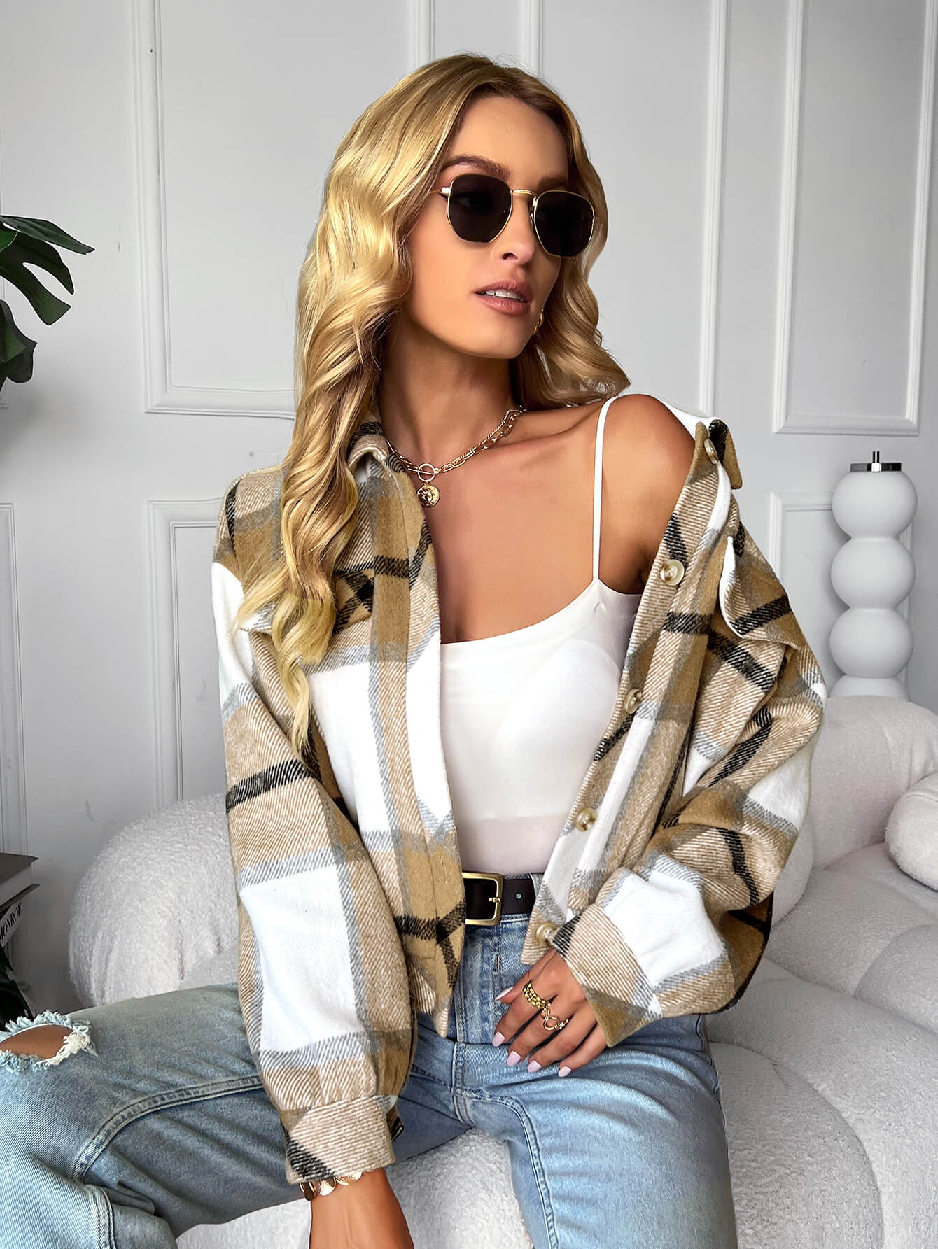 CHANCELLOR PLAID CROP SHACKET - KHAKI - Image 2