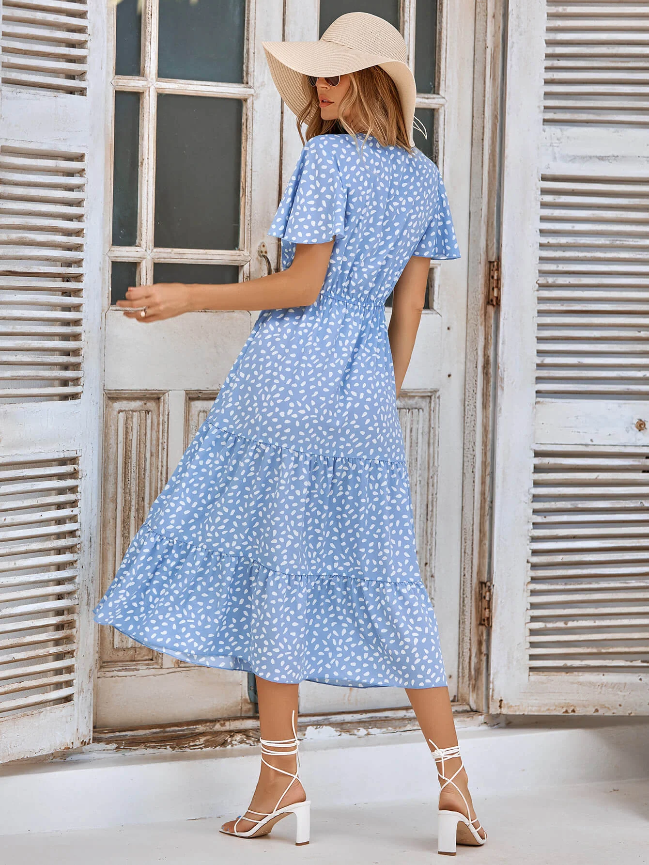 CHARLIE SHORT SLEEVE SPOT MIDI DRESS - BLUE - Image 3
