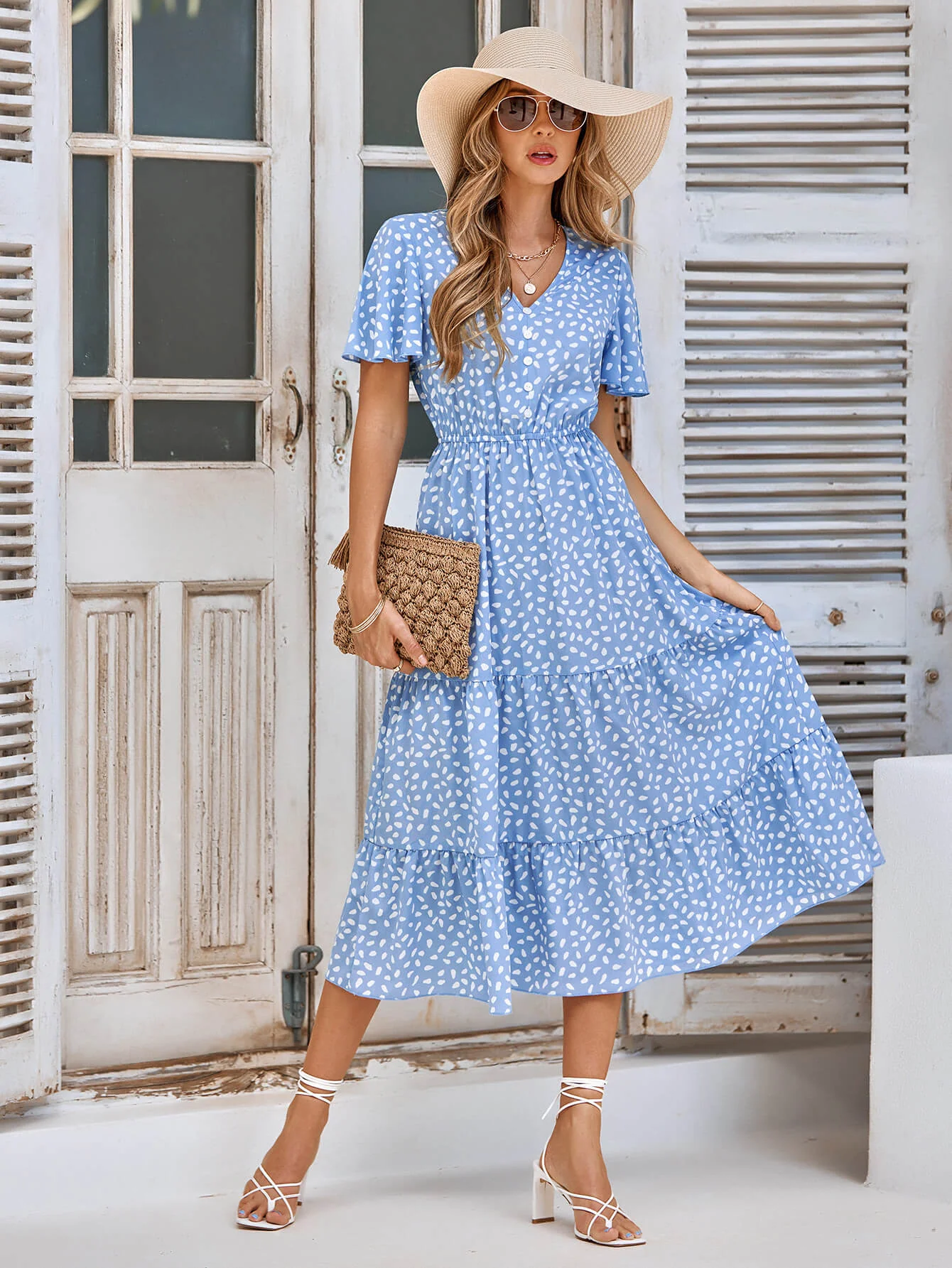 CHARLIE SHORT SLEEVE SPOT MIDI DRESS - BLUE - Image 4