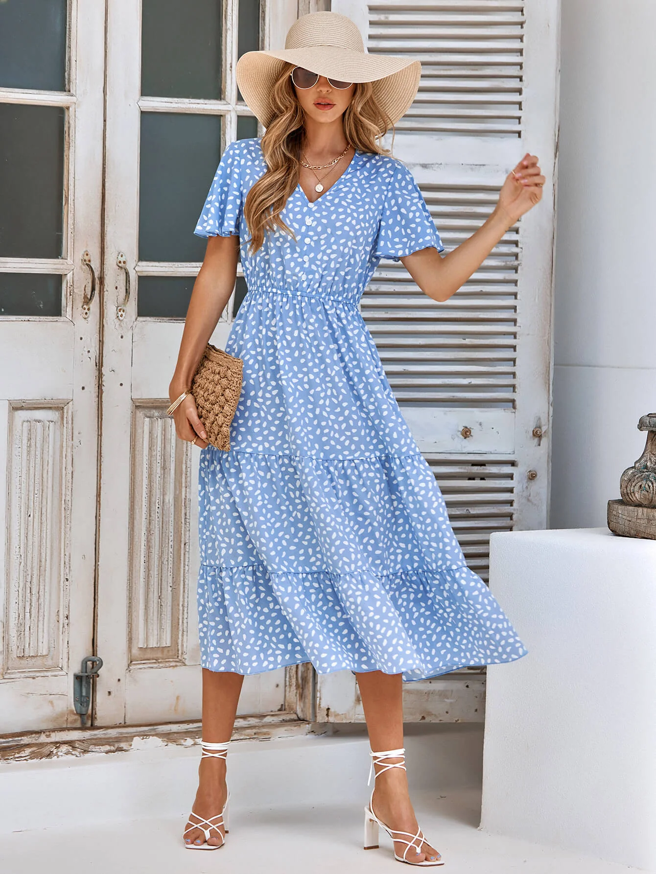 CHARLIE SHORT SLEEVE SPOT MIDI DRESS - BLUE - Image 5