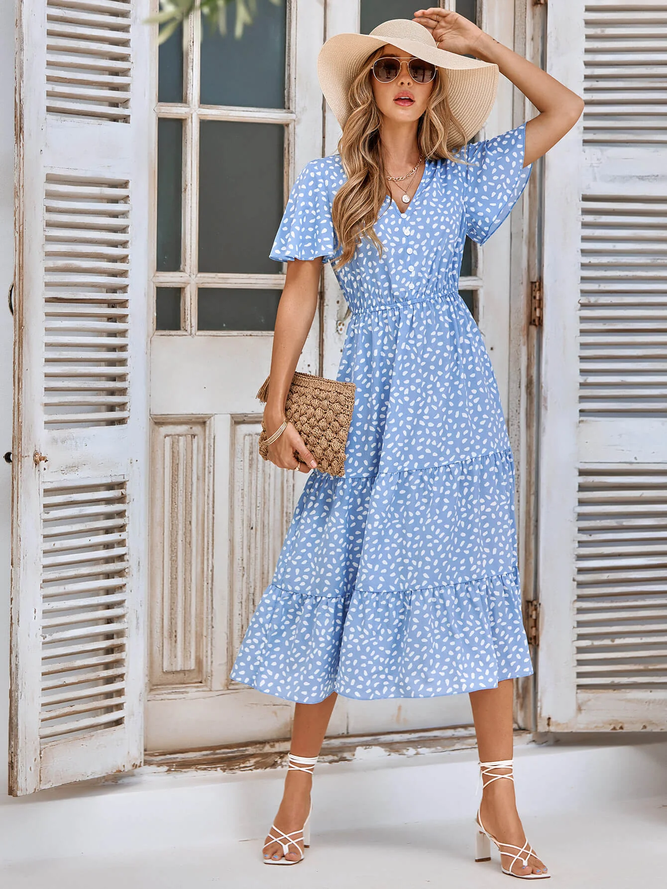 CHARLIE SHORT SLEEVE SPOT MIDI DRESS - BLUE - Image 6