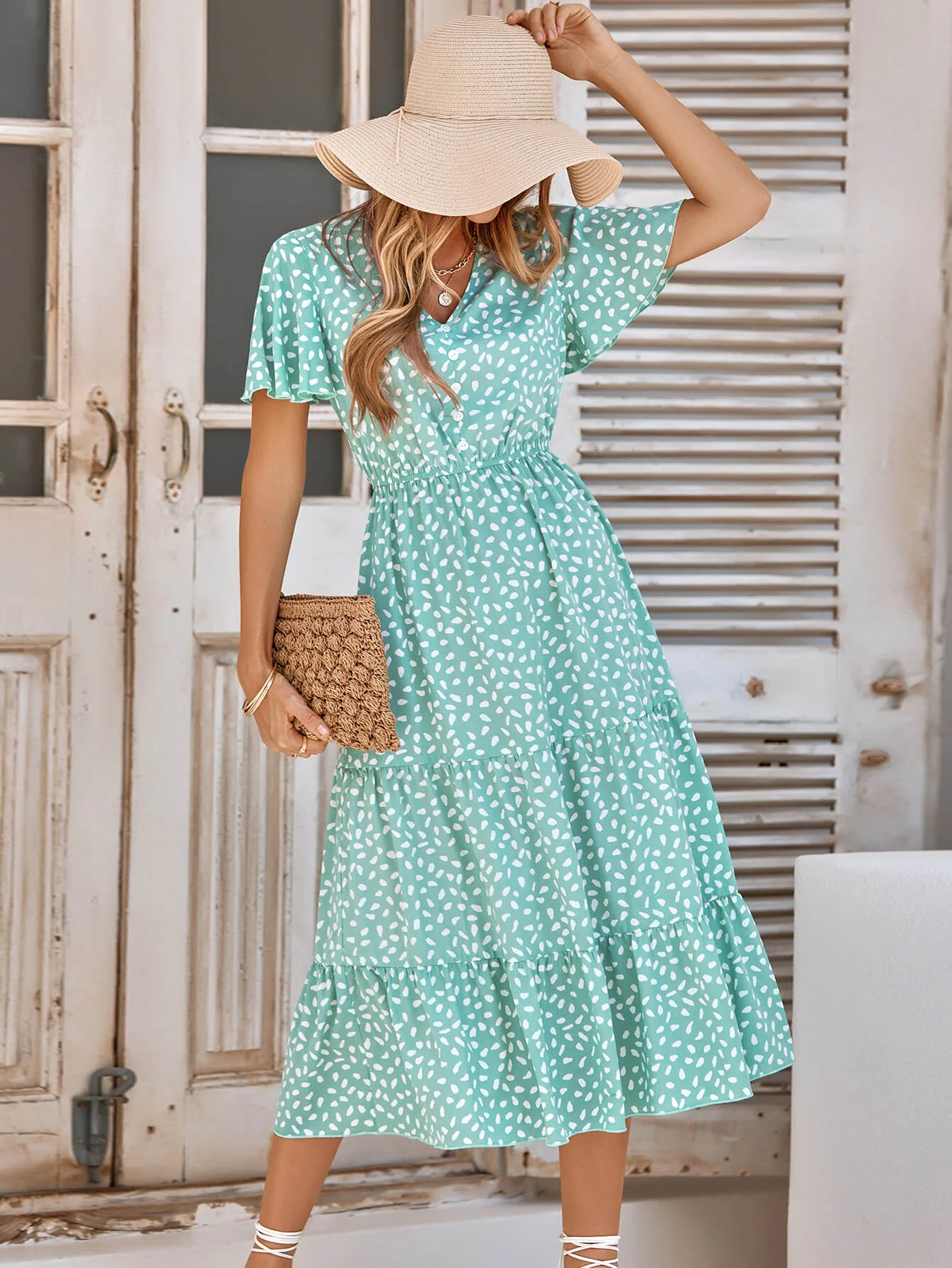 CHARLIE SHORT SLEEVE SPOT MIDI DRESS - GREEN