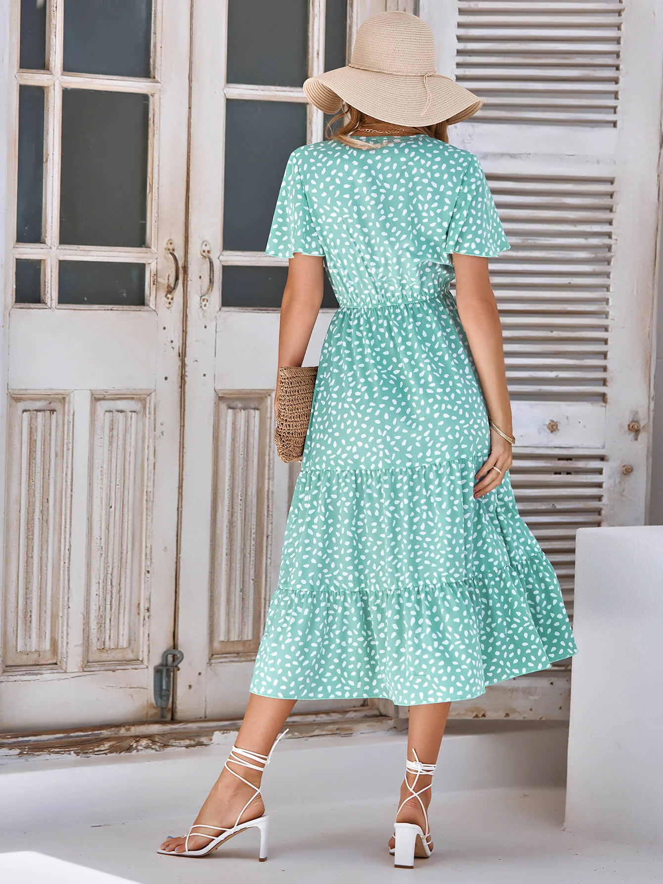 CHARLIE SHORT SLEEVE SPOT MIDI DRESS - GREEN - Image 3