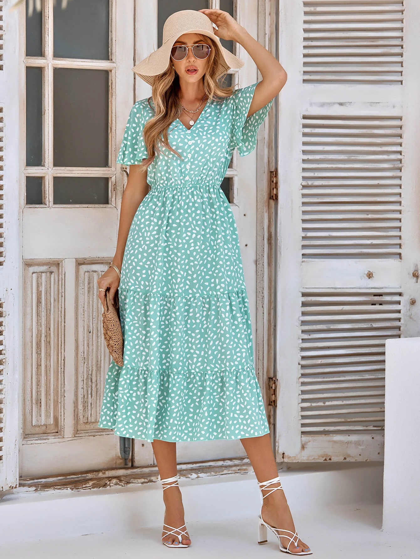 CHARLIE SHORT SLEEVE SPOT MIDI DRESS - GREEN - Image 4