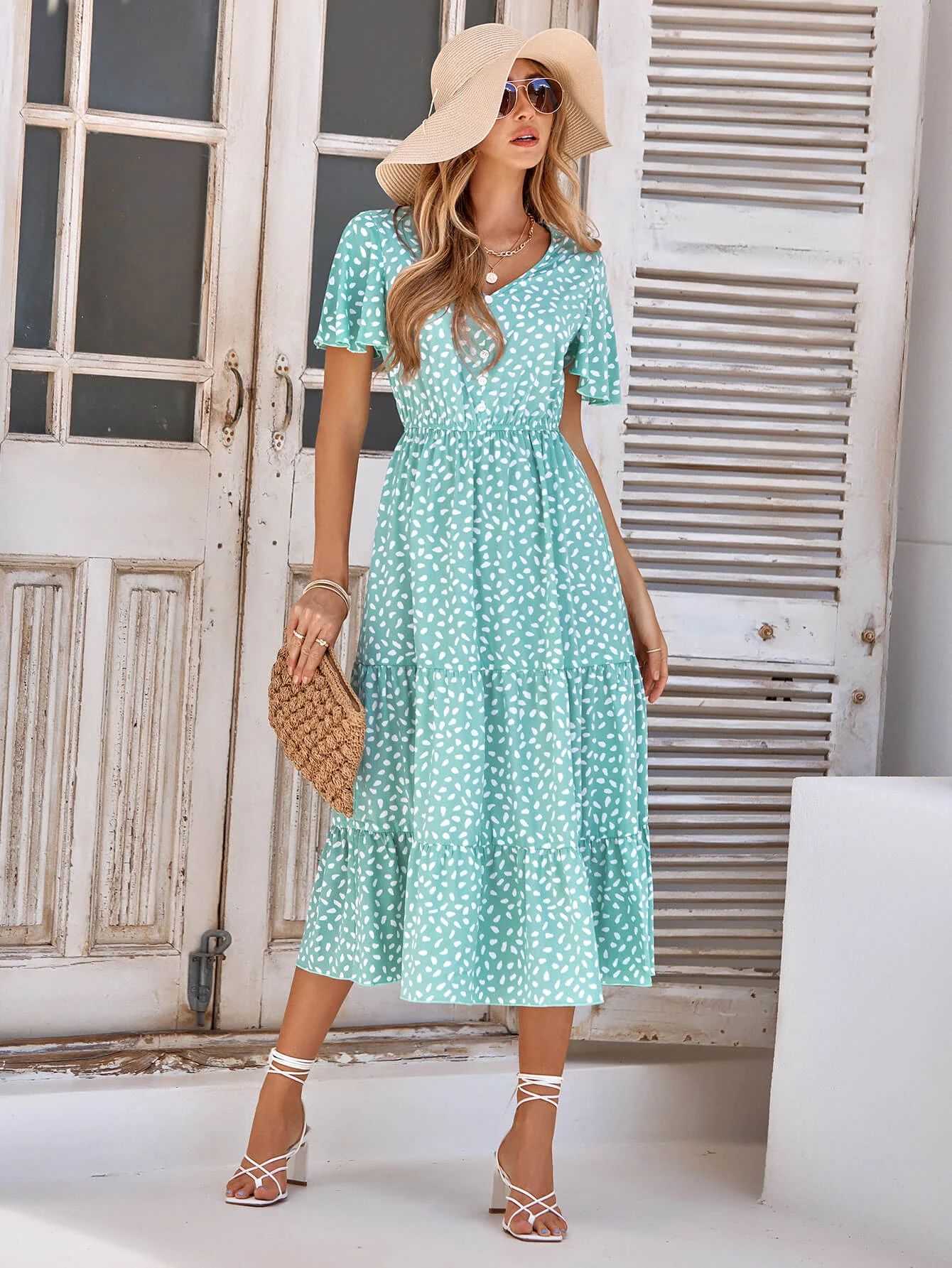 CHARLIE SHORT SLEEVE SPOT MIDI DRESS - GREEN - Image 5