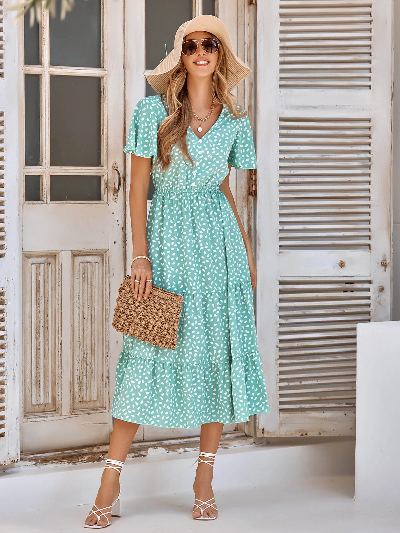 CHARLIE SHORT SLEEVE SPOT MIDI DRESS - GREEN - Image 6