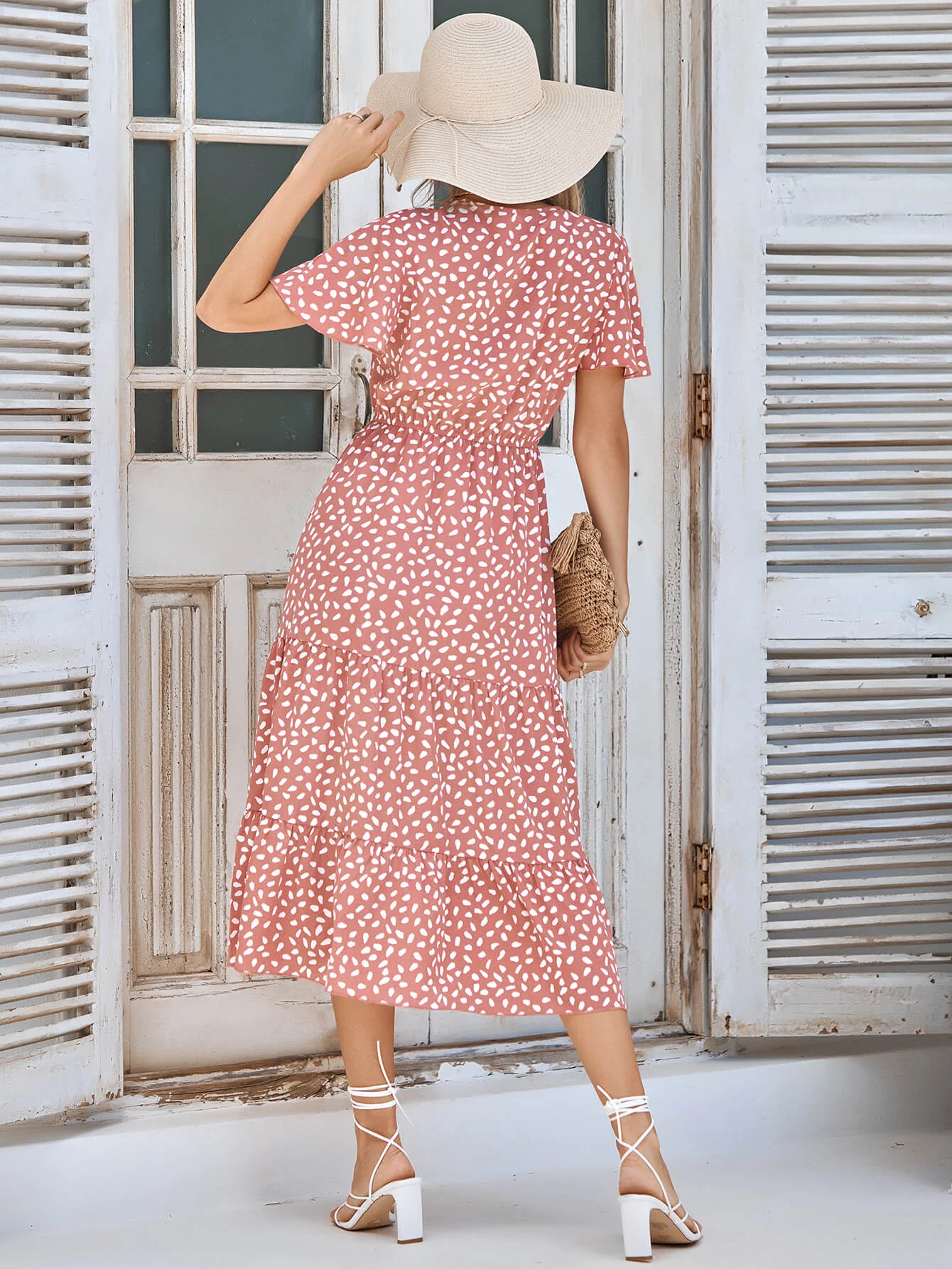 CHARLIE SHORT SLEEVE SPOT MIDI DRESS - SALMON - Image 3