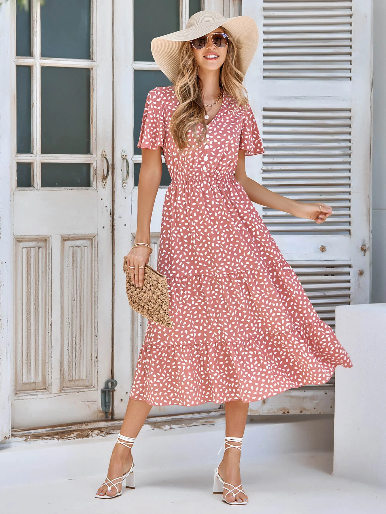CHARLIE SHORT SLEEVE SPOT MIDI DRESS - SALMON - Image 4