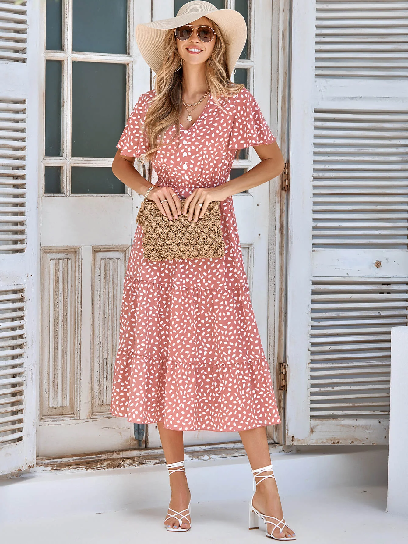 CHARLIE SHORT SLEEVE SPOT MIDI DRESS - SALMON - Image 5