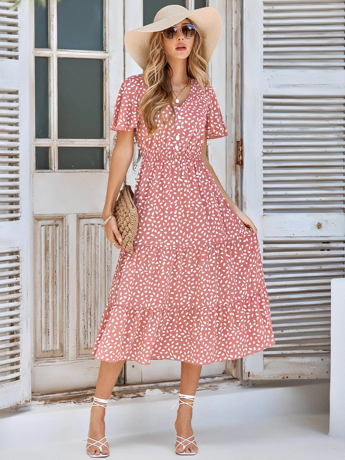 CHARLIE SHORT SLEEVE SPOT MIDI DRESS - SALMON - Image 6