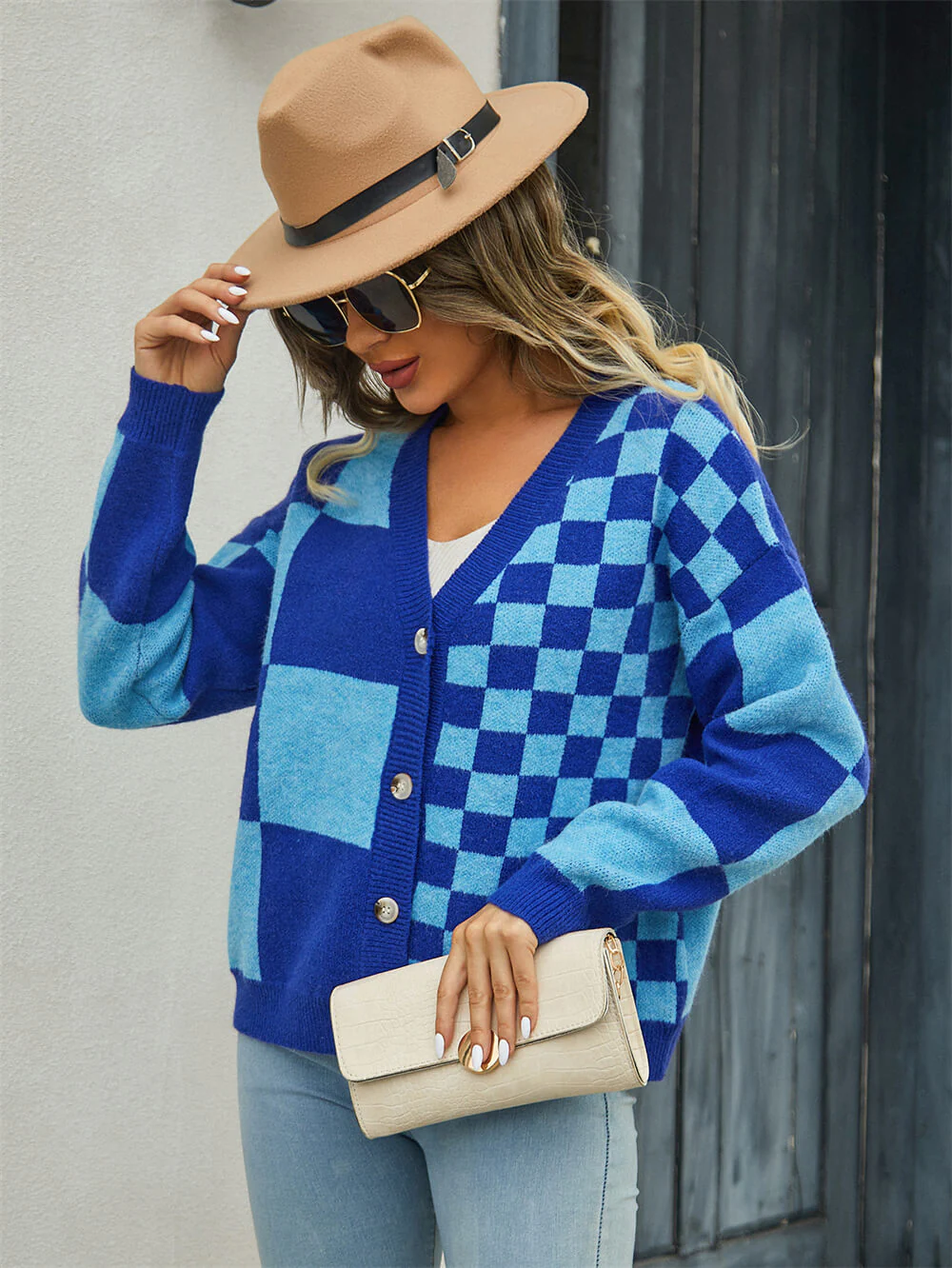Checkmate Button Up Knit Cardigan - Blue - Image 3