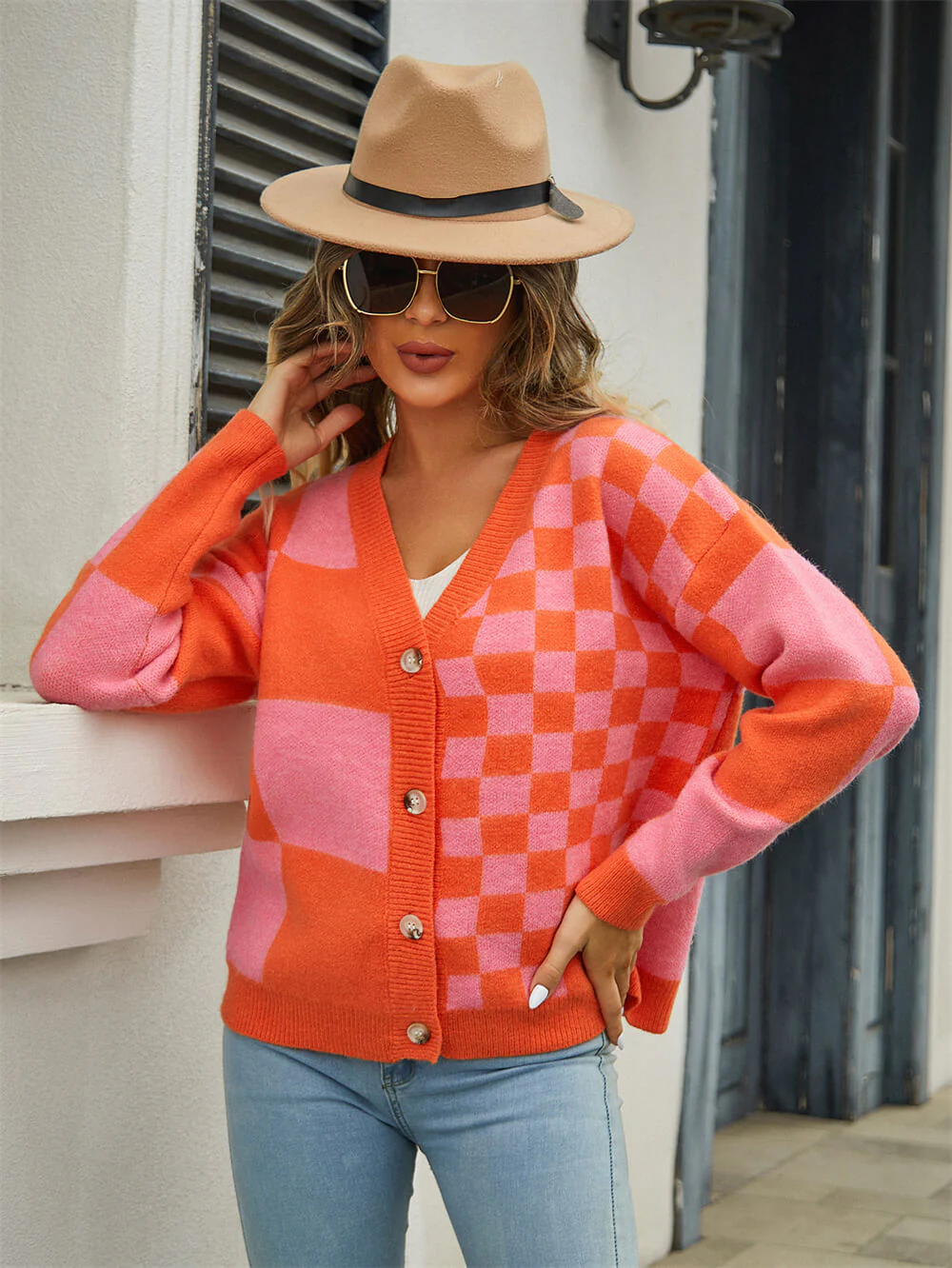 Checkmate Button Up Knit Cardigan - Orange - Image 2