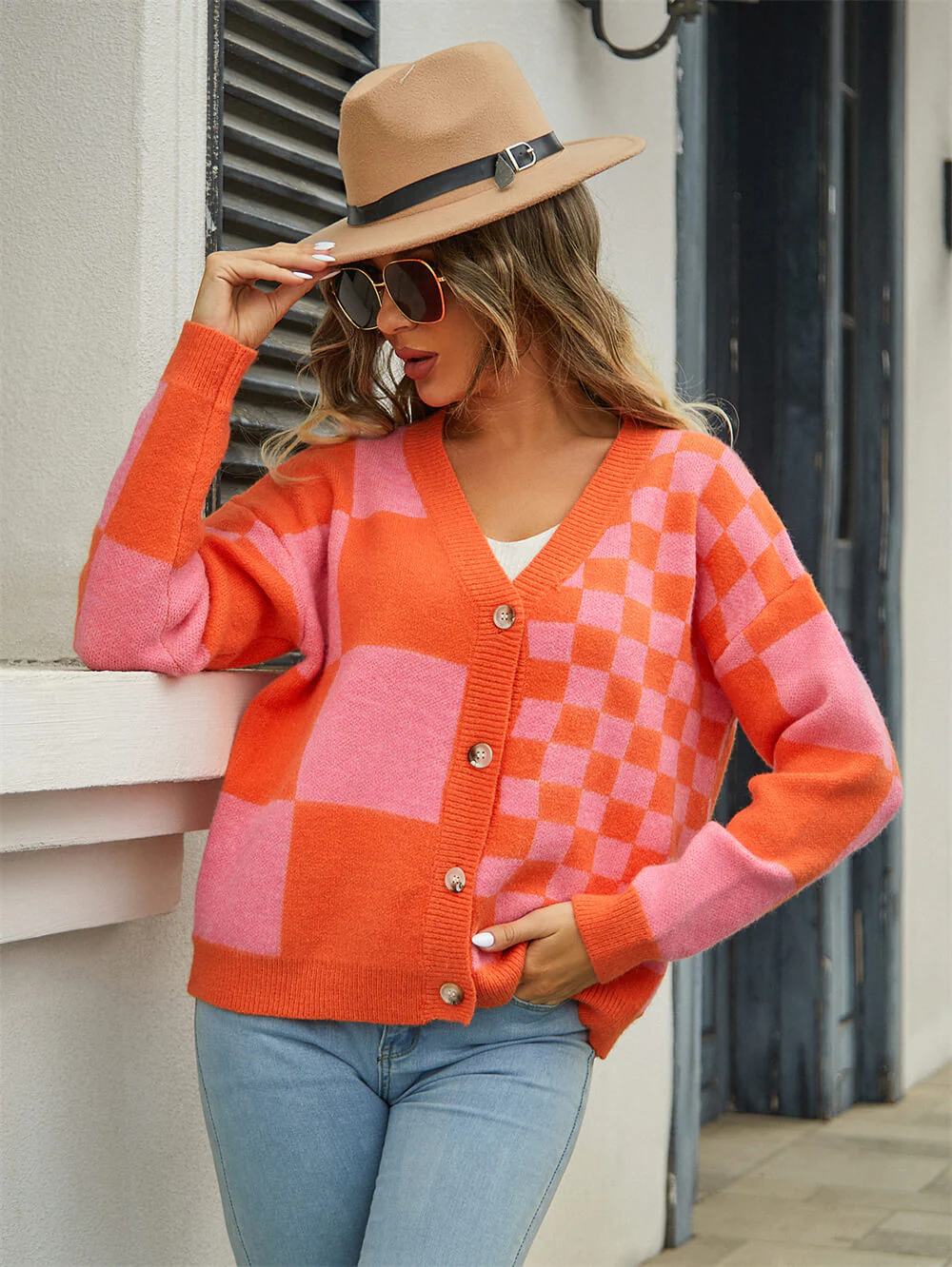 Checkmate Button Up Knit Cardigan - Orange - Image 3